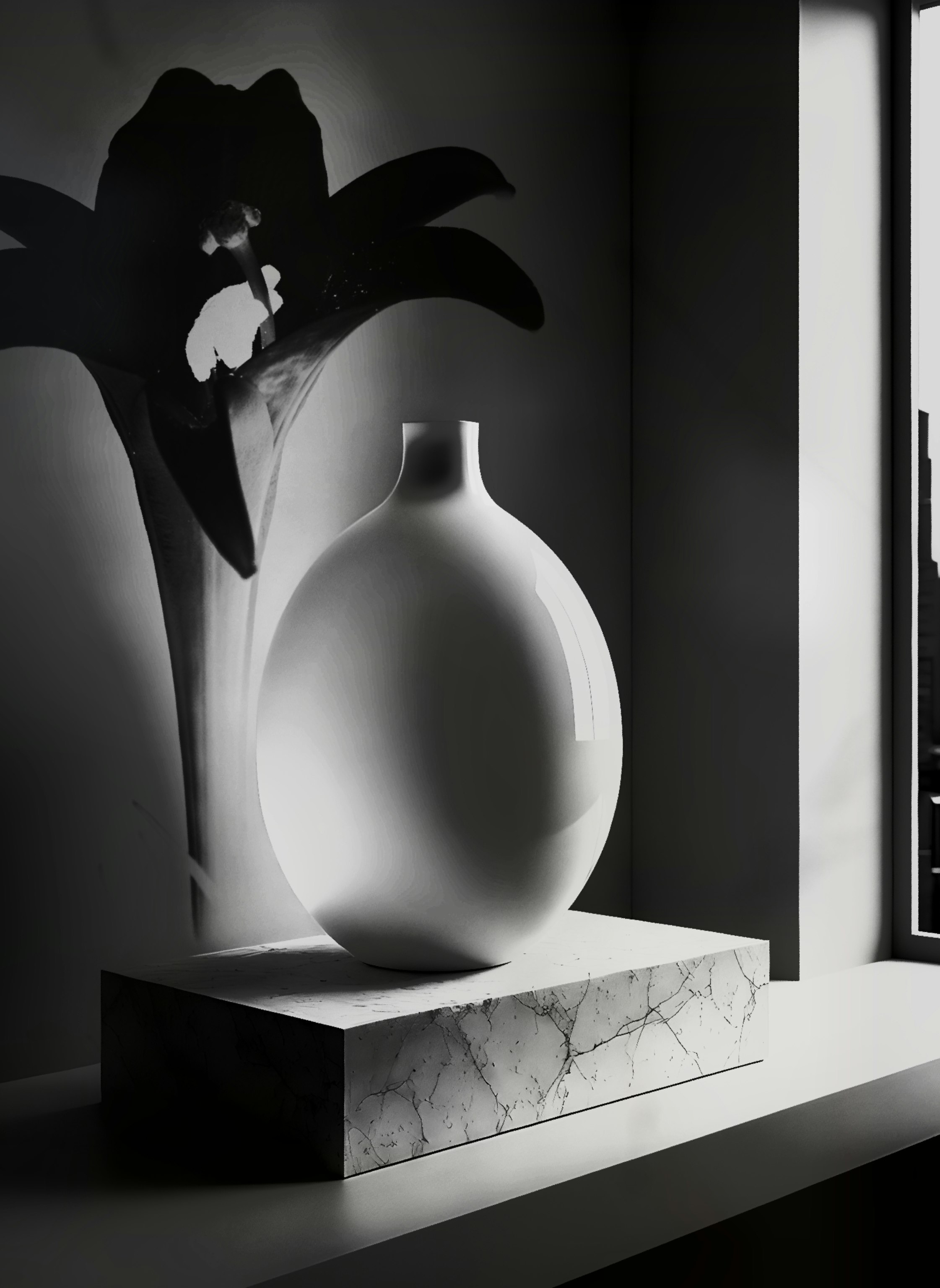 quiet indoor display with flowers and a vase