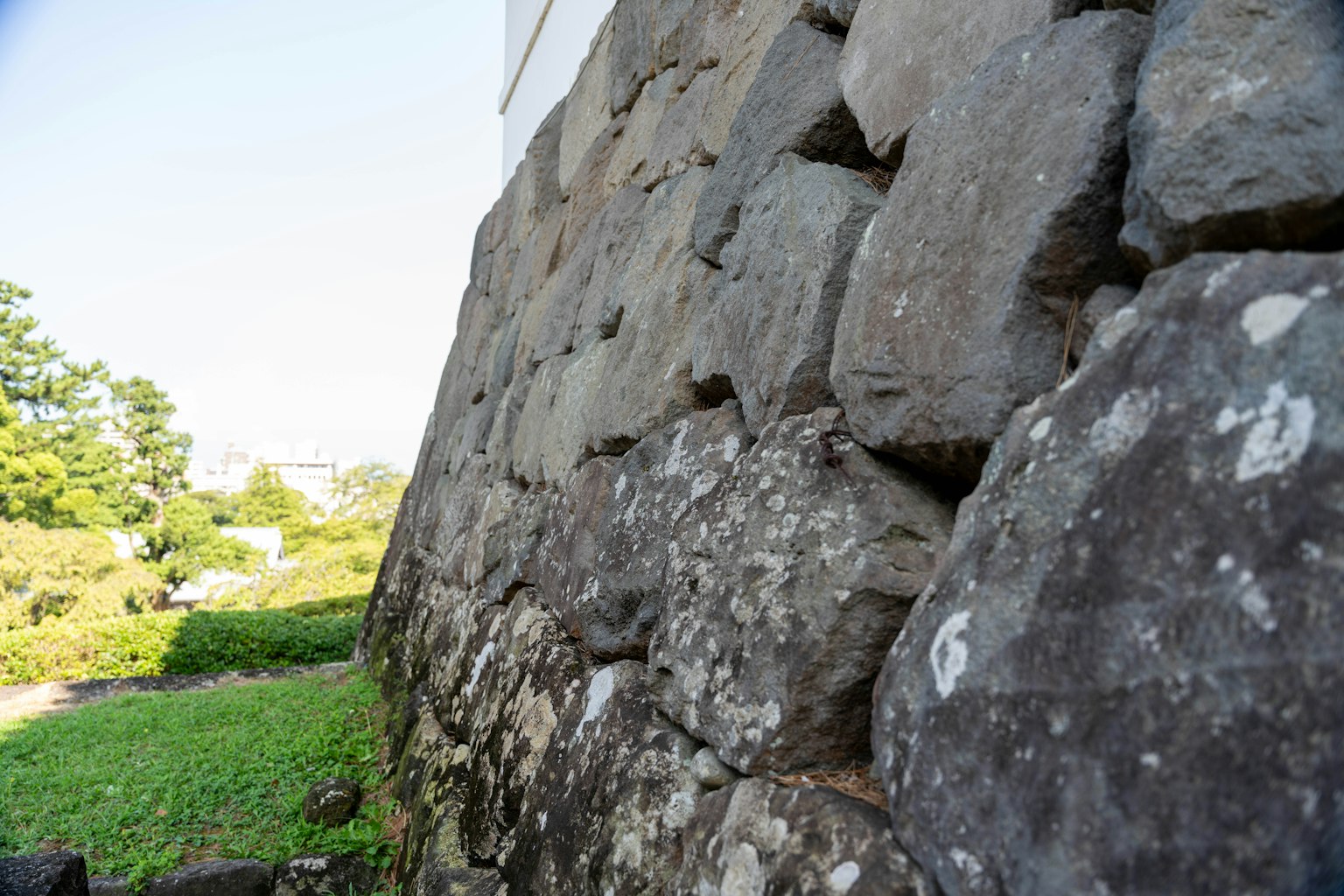 Primo piano di un muro di pietra con erba e cielo blu sullo sfondo