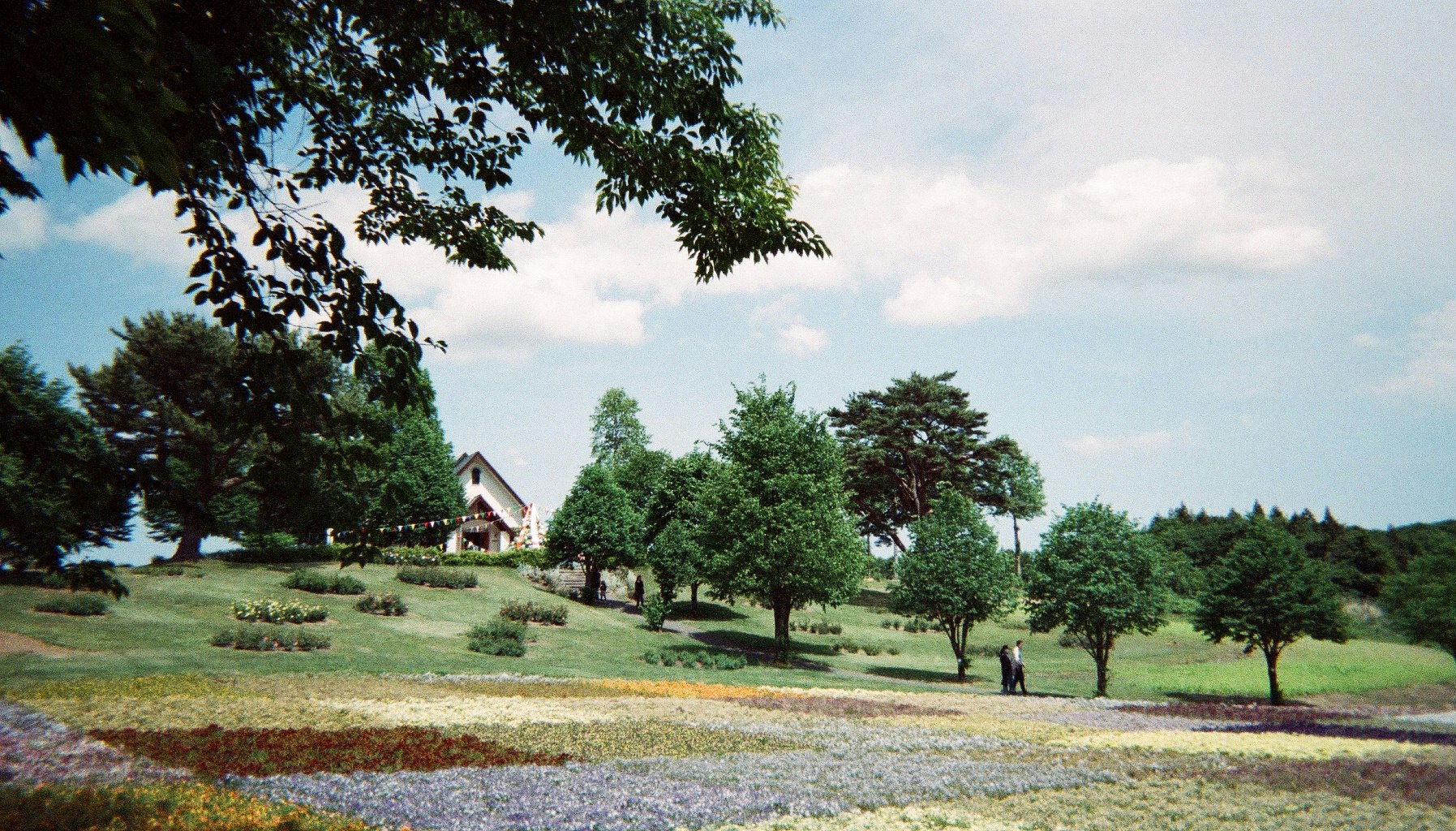 やくらいガーデンの芝生と花壇が広がる庭園風景