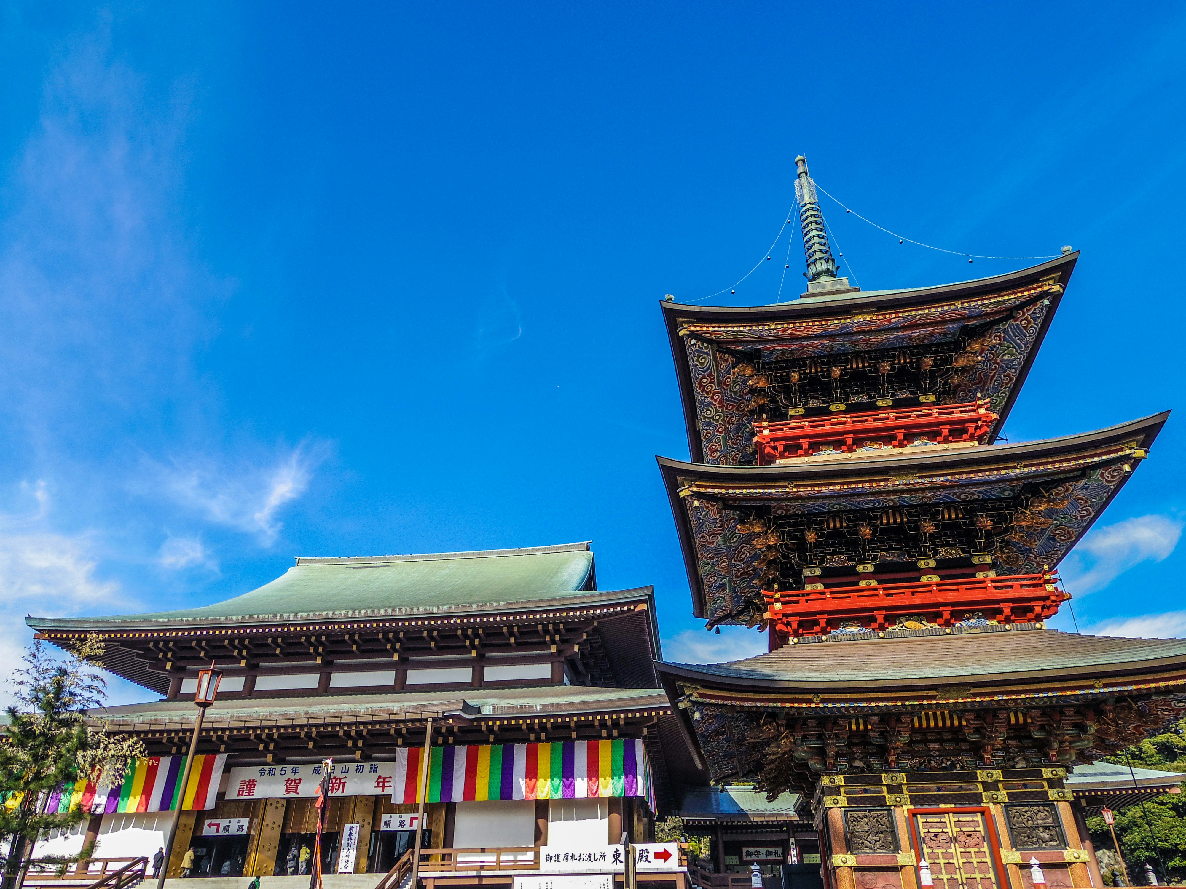 Colorful temple pagoda roofs against a blue sky