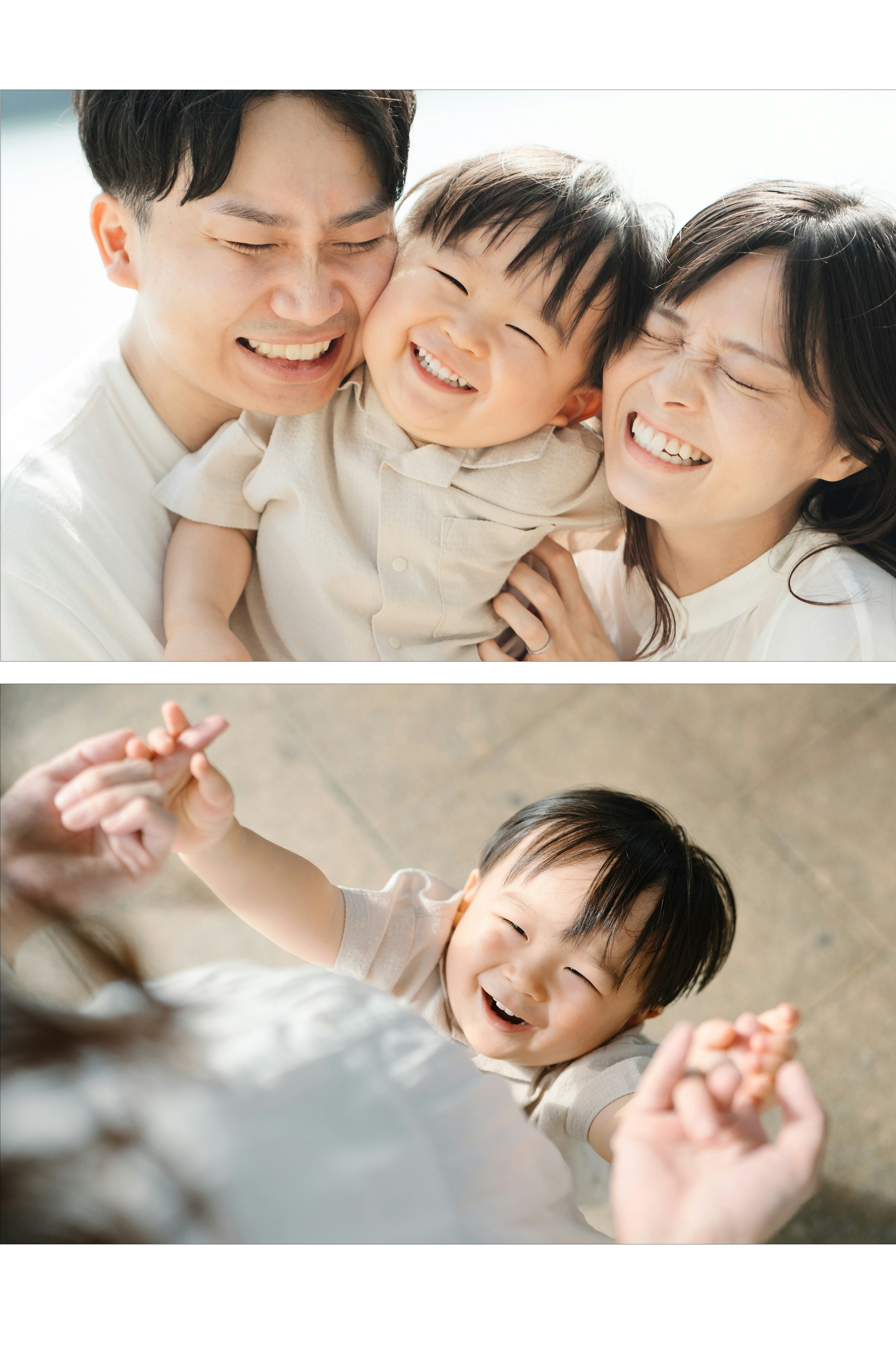 笑顔の家族に抱かれた2歳の子どもとママの手