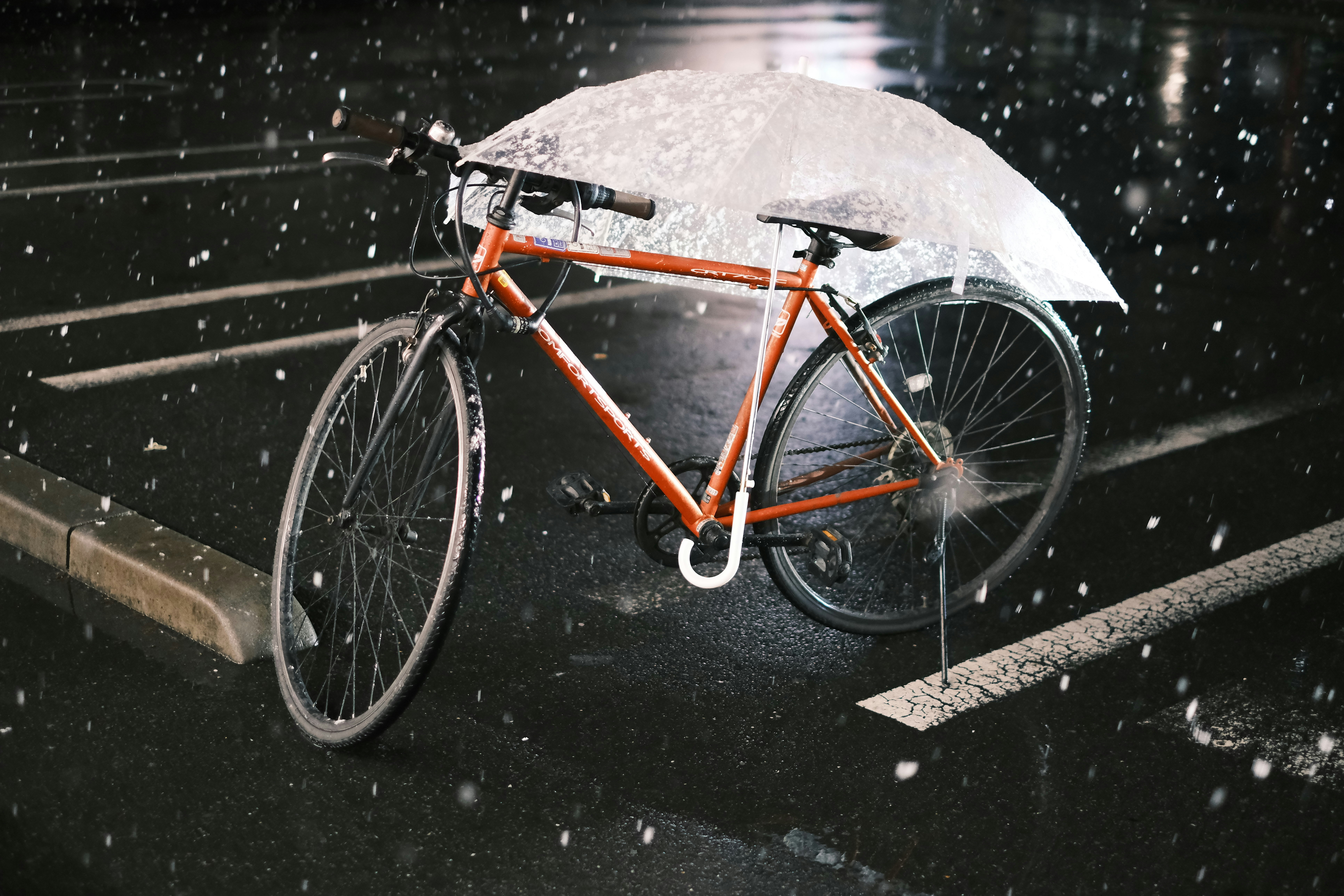 雪の降る路上に停まる自転車のある風景