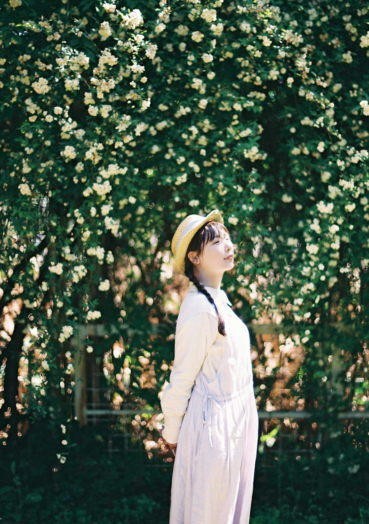 被花环绕的女孩侧面，穿着白色连衣裙和黄色帽子