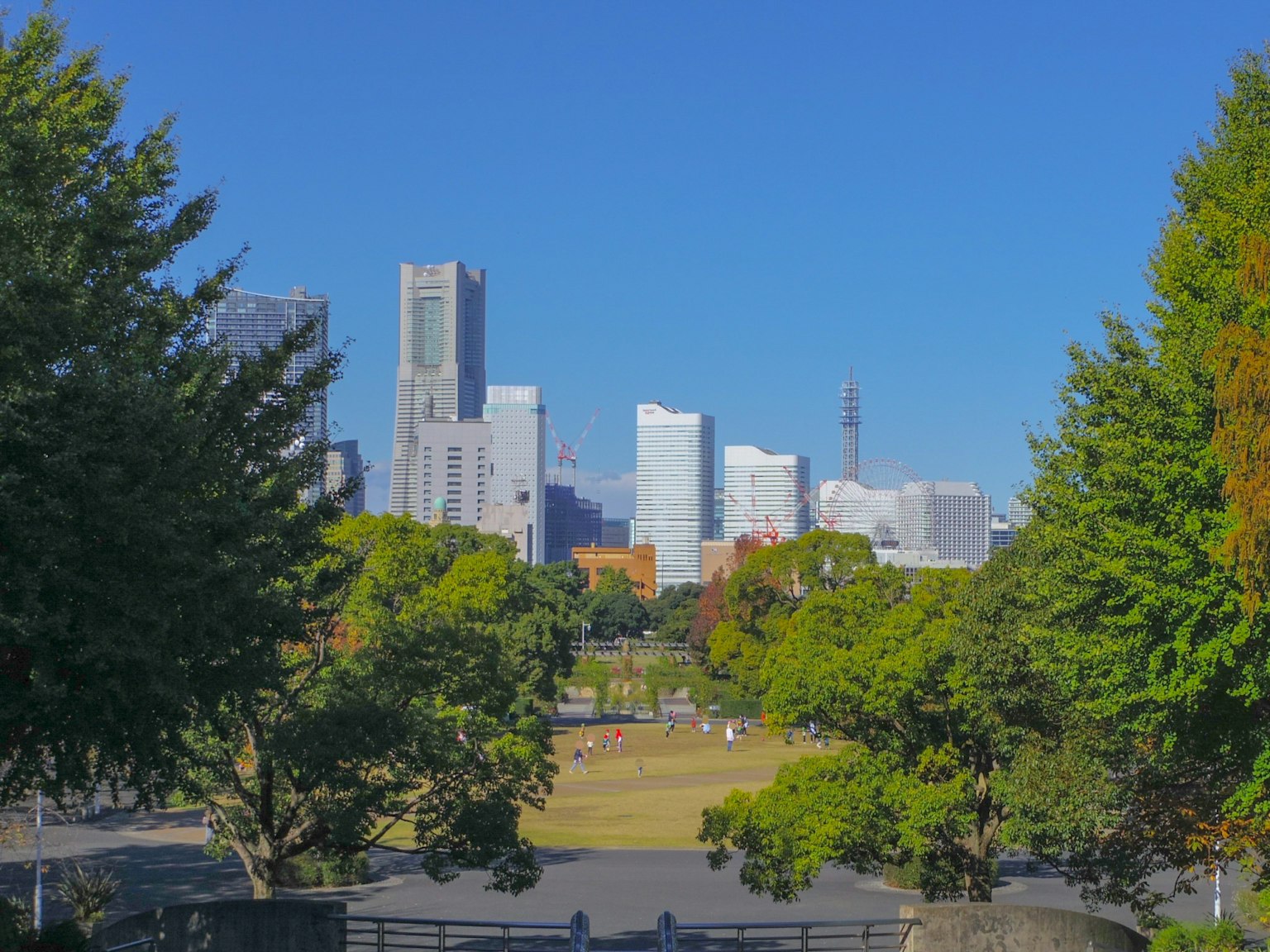 Skyline moderno con alberi verdi in primo piano e cielo azzurro