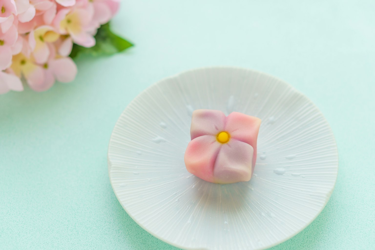 Sebuah wagashi berbentuk bunga berwarna pastel di atas piring putih