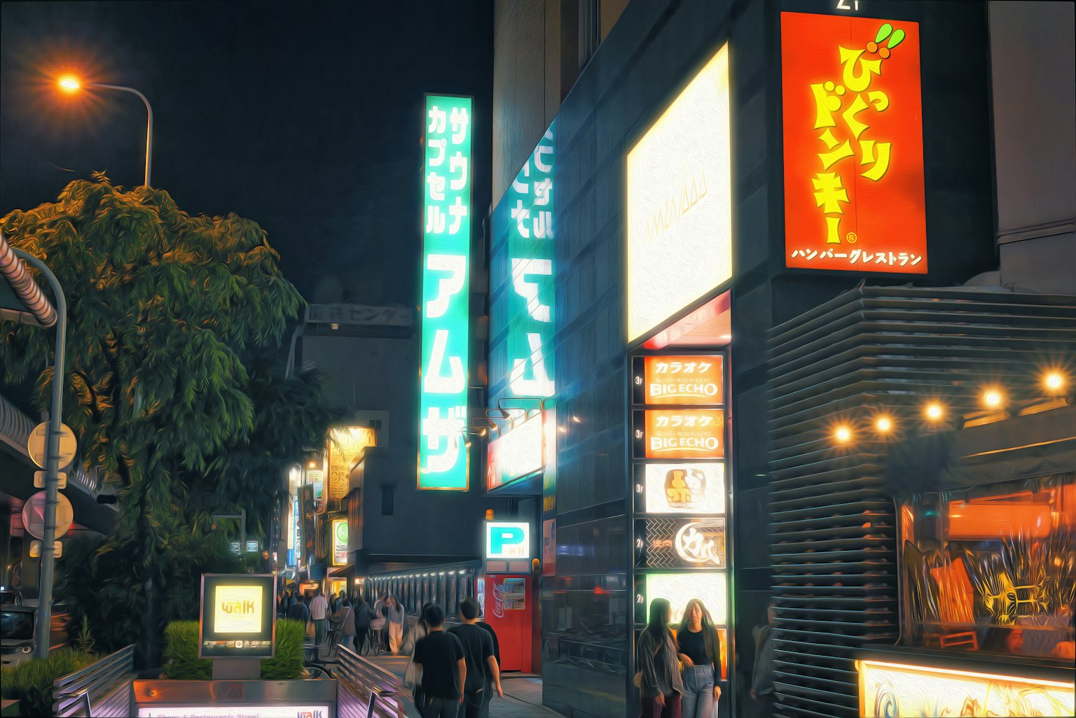 Pemandangan kota malam dengan tanda neon dan orang-orang