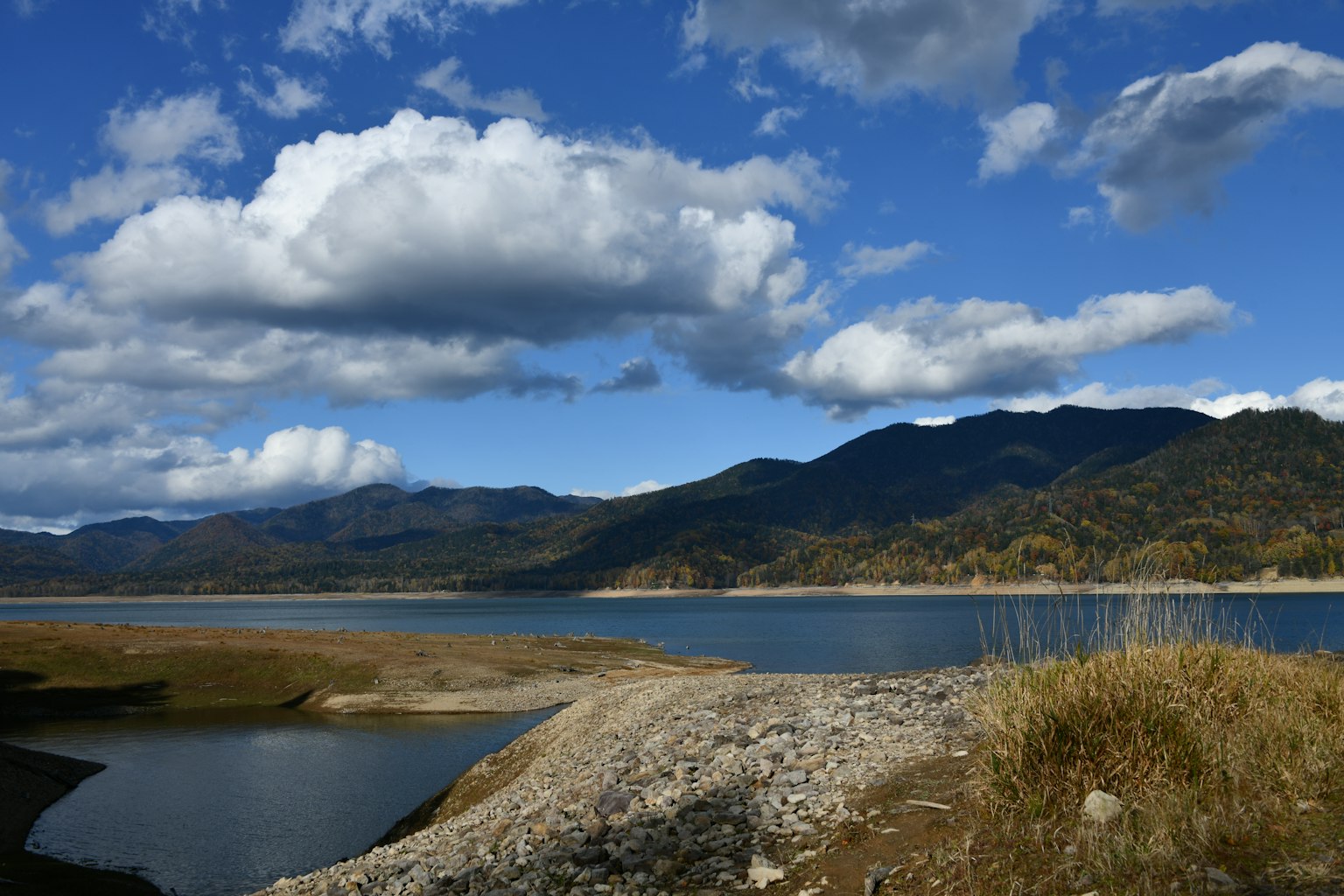 青い空と白い雲が広がる湖の風景 山々と草原が見える