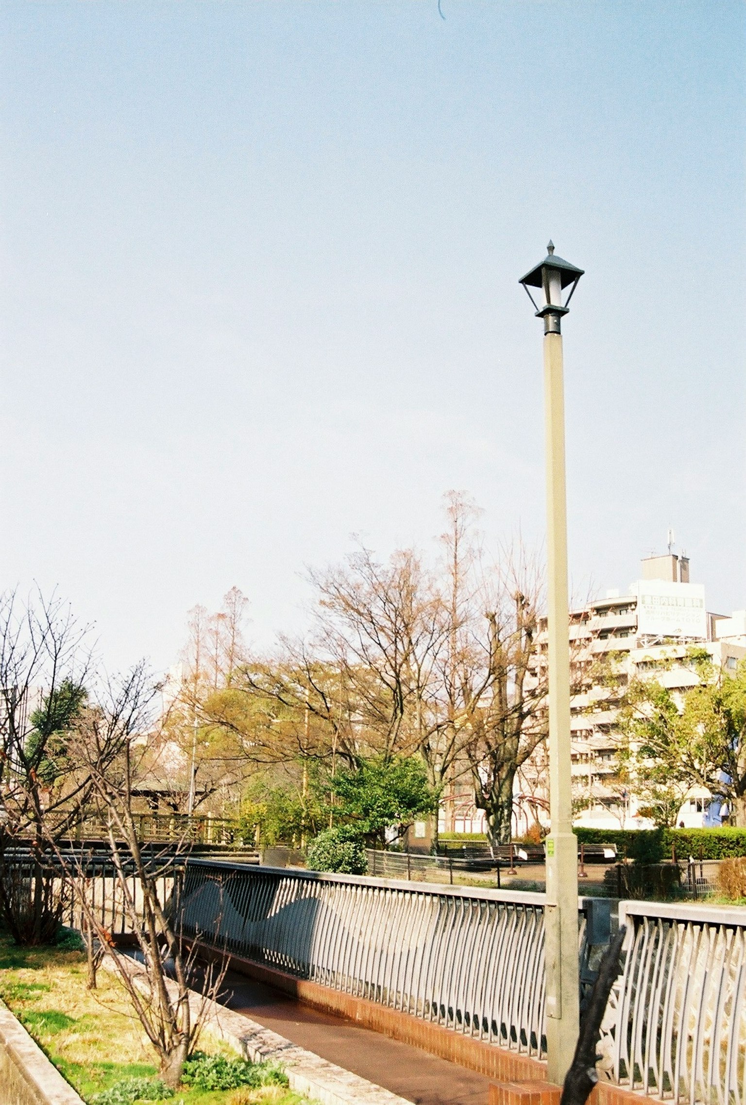 Pemandangan jembatan taman dengan tiang lampu