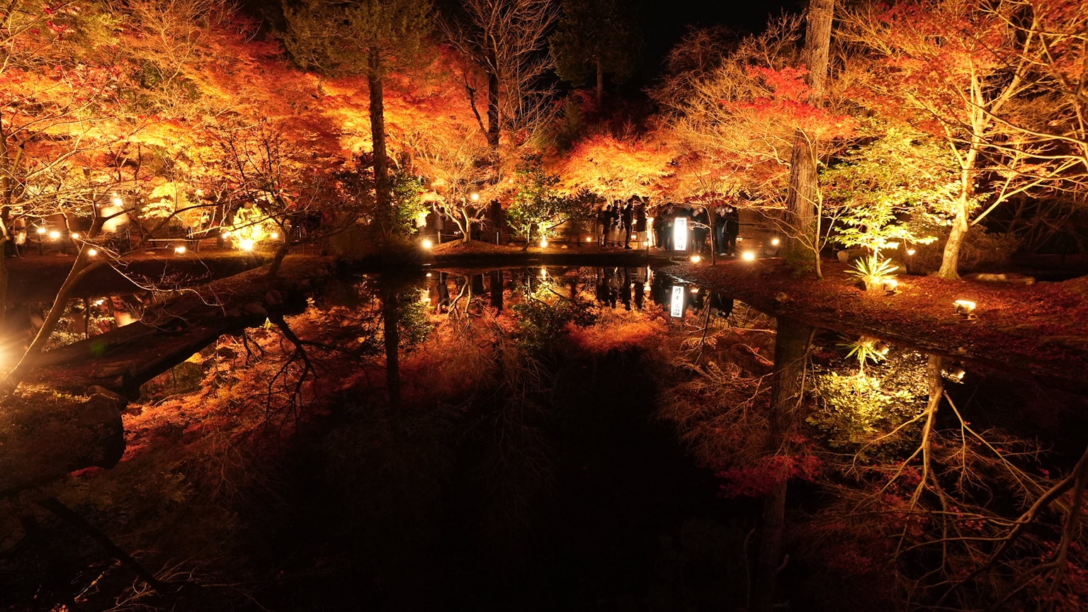 Scena notturna di uno stagno che riflette bellissimi colori autunnali con luci calde intorno