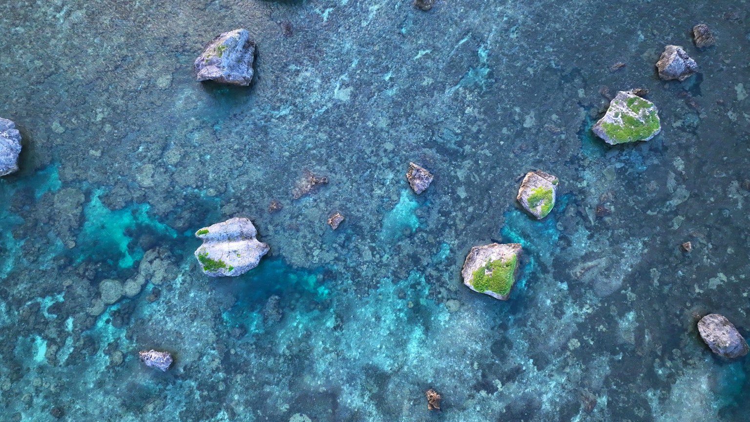 Luftaufnahme von blauem Wasser mit verstreuten Felsen und grünem Moos