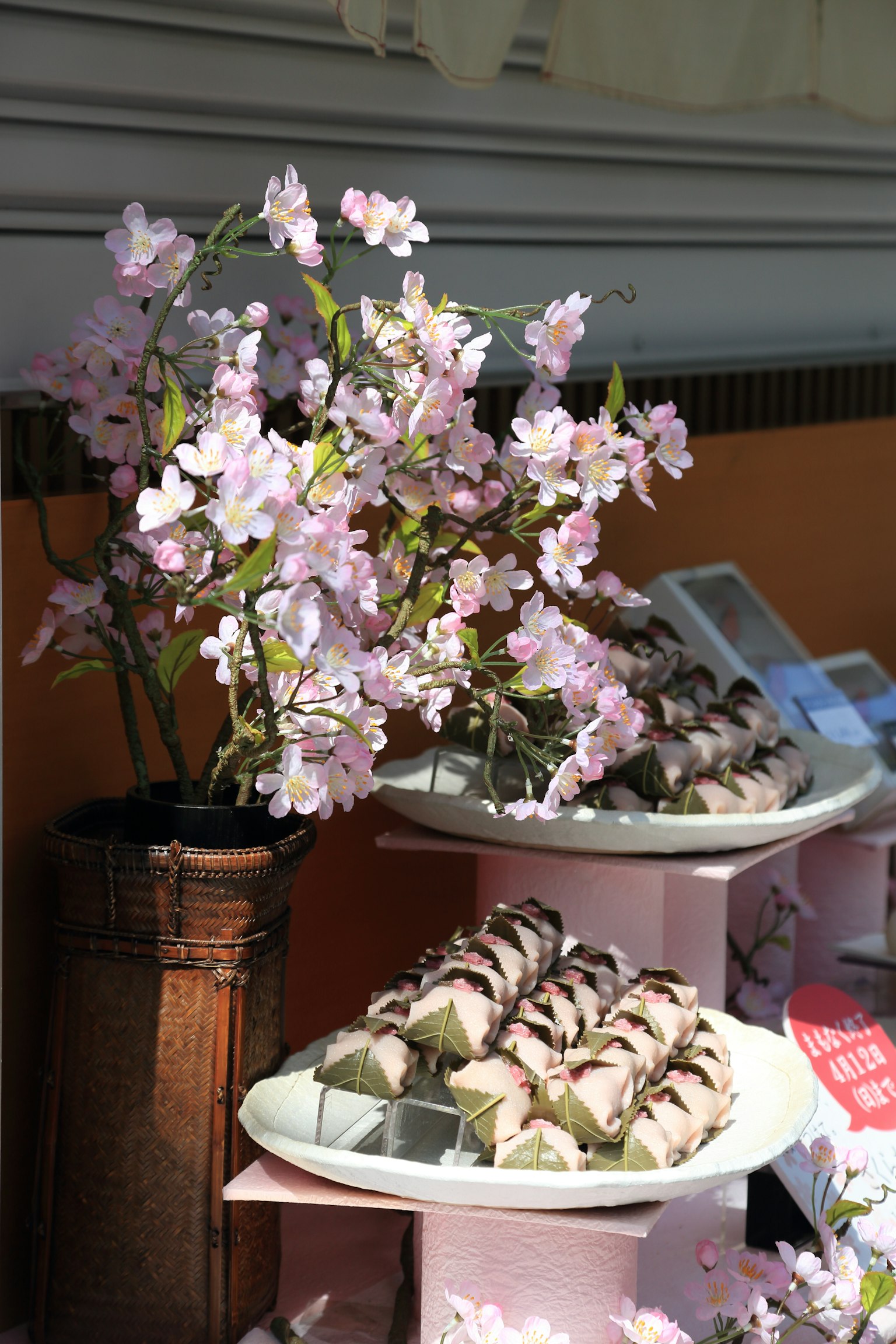 A beautiful display featuring cherry blossoms and a platter of sushi