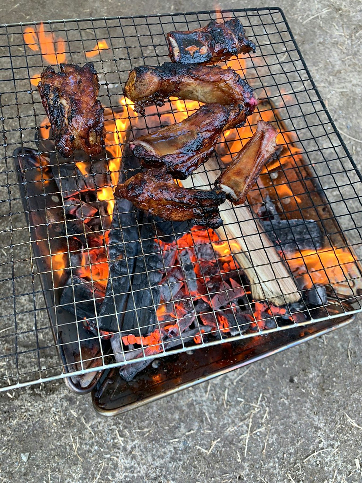 Potongan daging yang dipanggang di atas arang menyala di grill