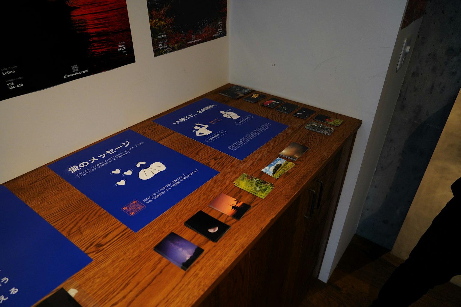 Intérieur d'une exposition avec des panneaux bleus et des photographies disposées