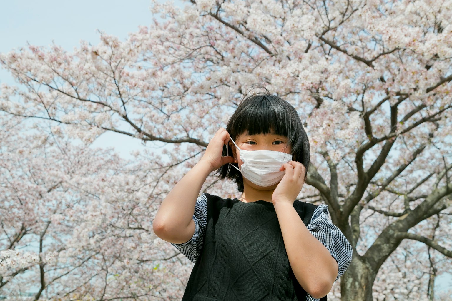 Girl wearing a mask under cherry blossom trees
