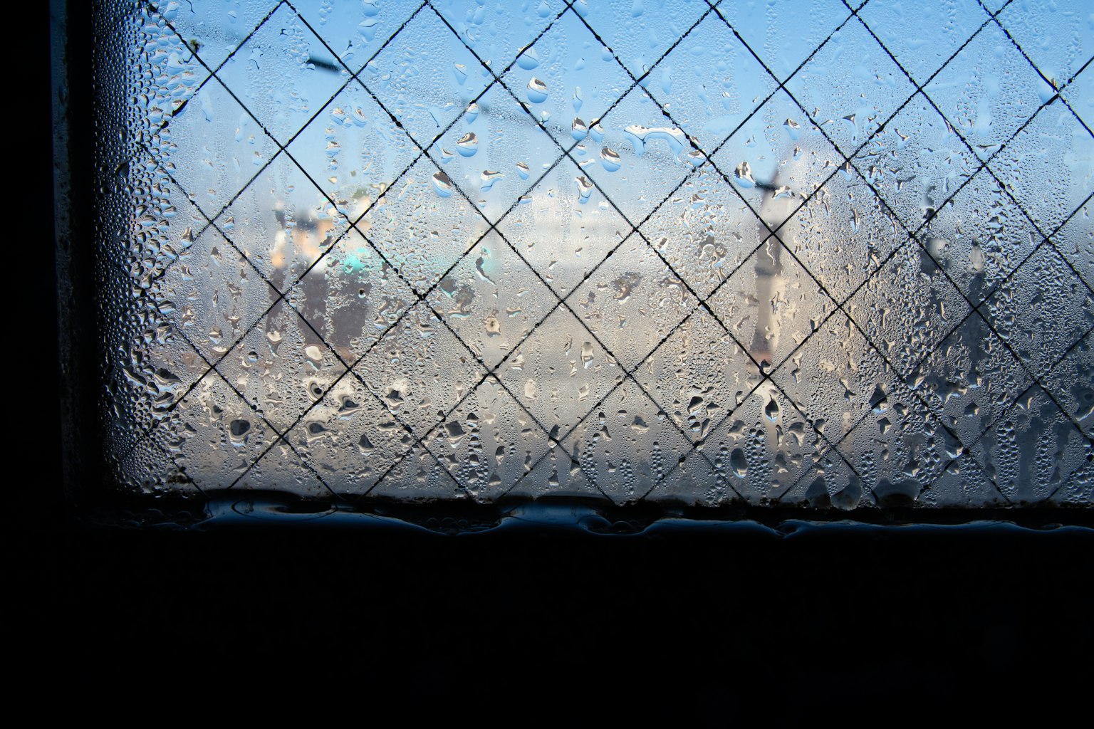 Frosted window showing a blurred view of people and scenery