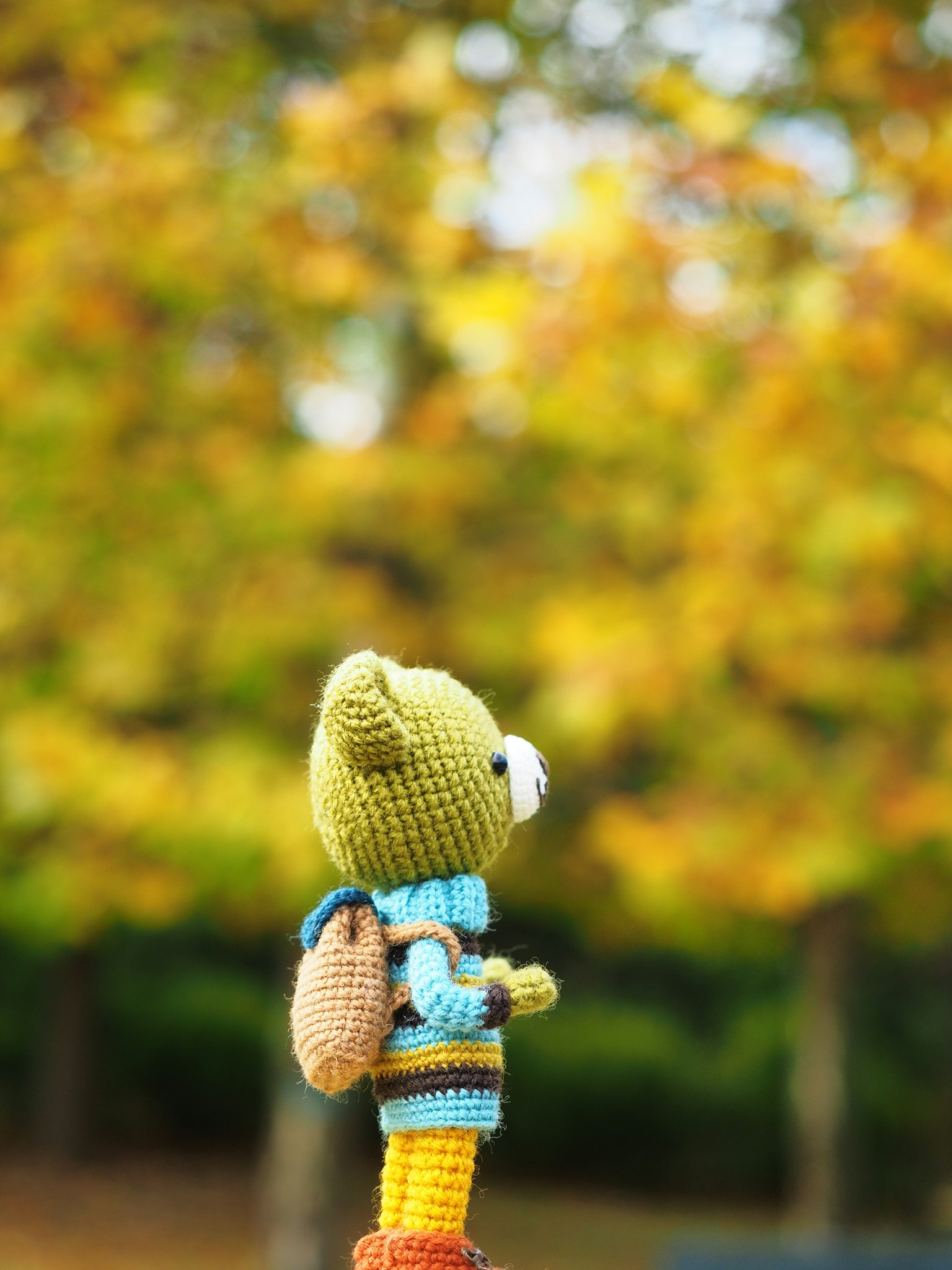 Ours en crochet mignon se tenant devant un arrière-plan d'automne