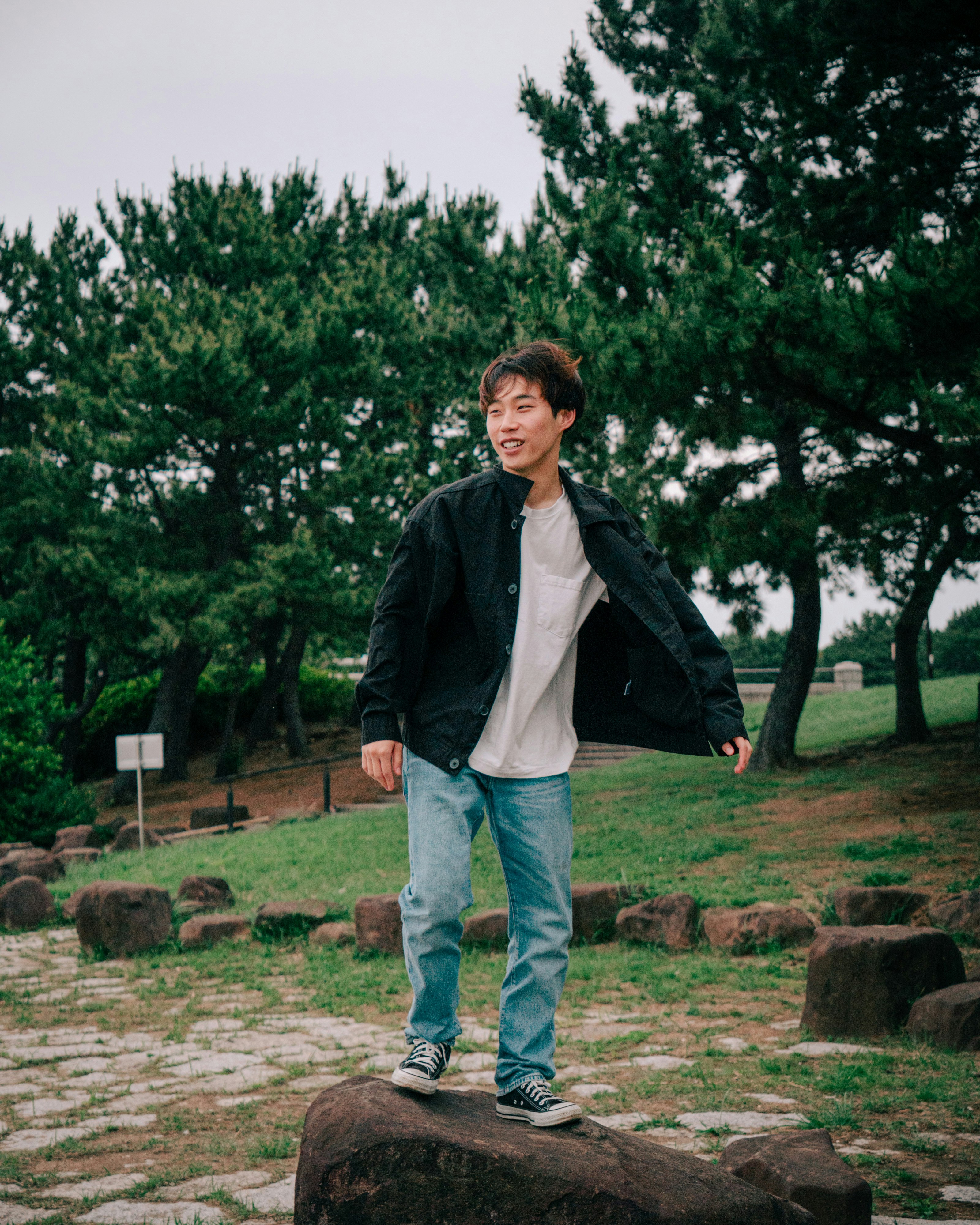 公園草地上站在石頭上的男子