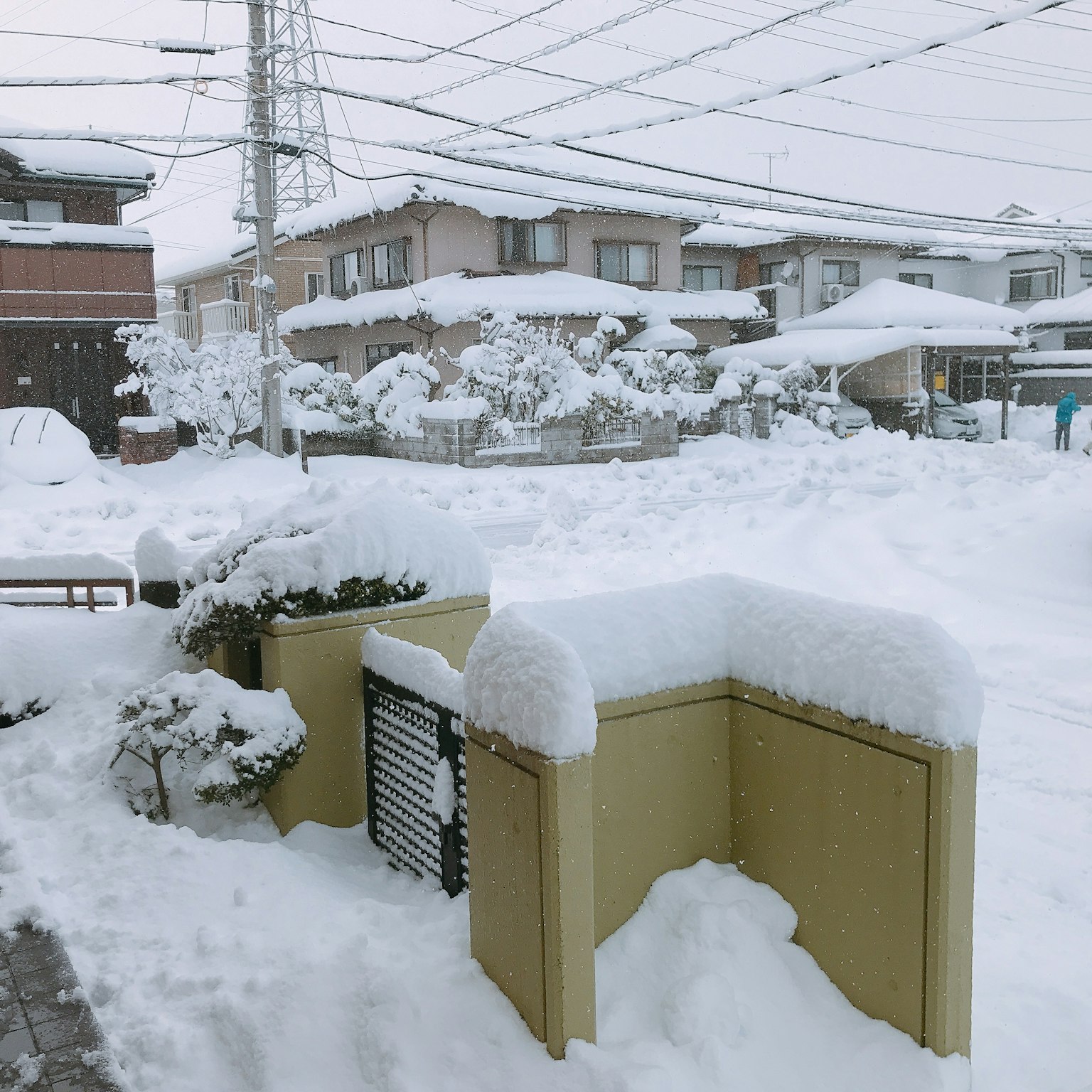 Area residenziale coperta di neve con piante e edifici sepolti