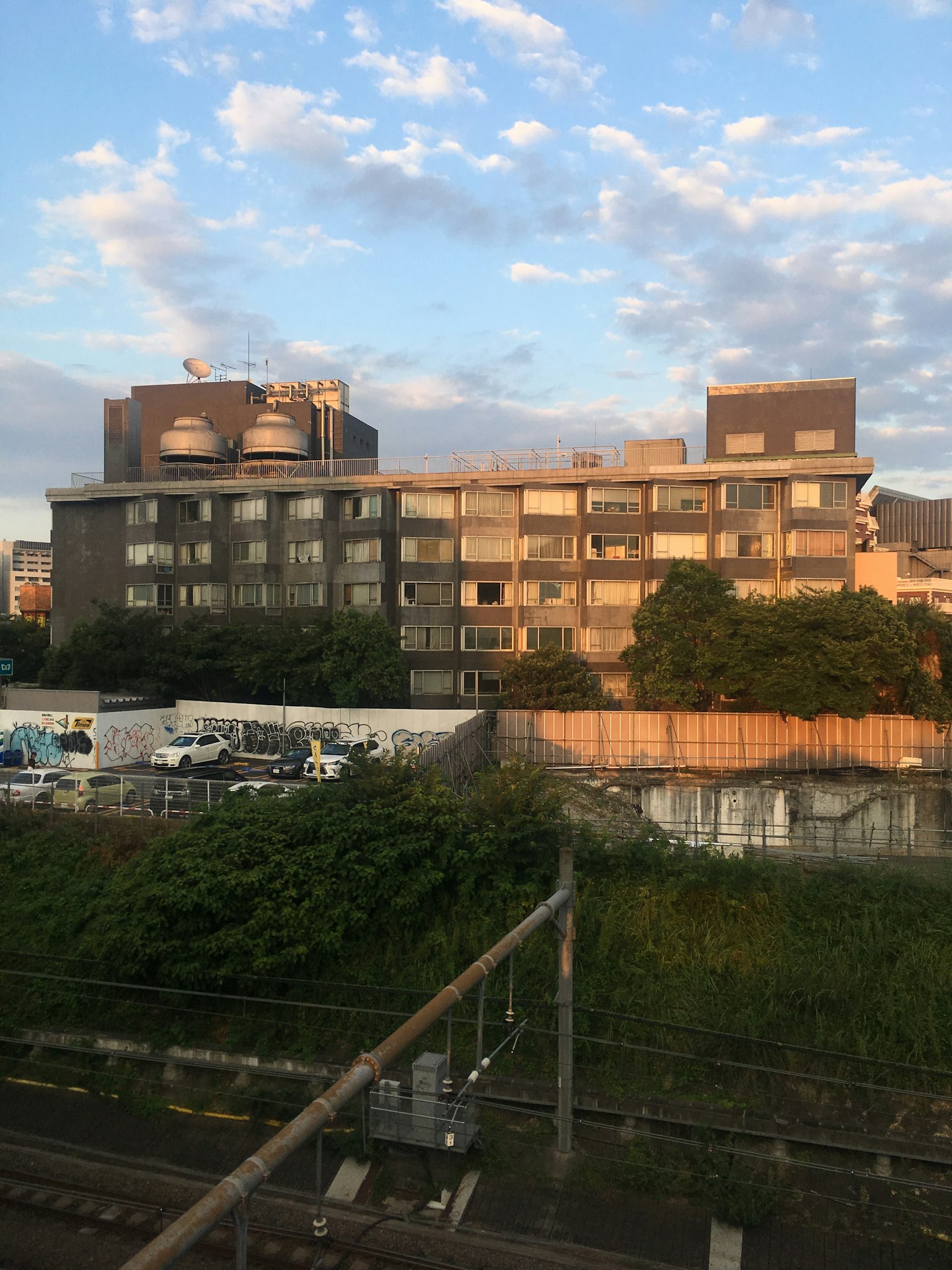 被夕阳照亮的老建筑与周围的绿色植被