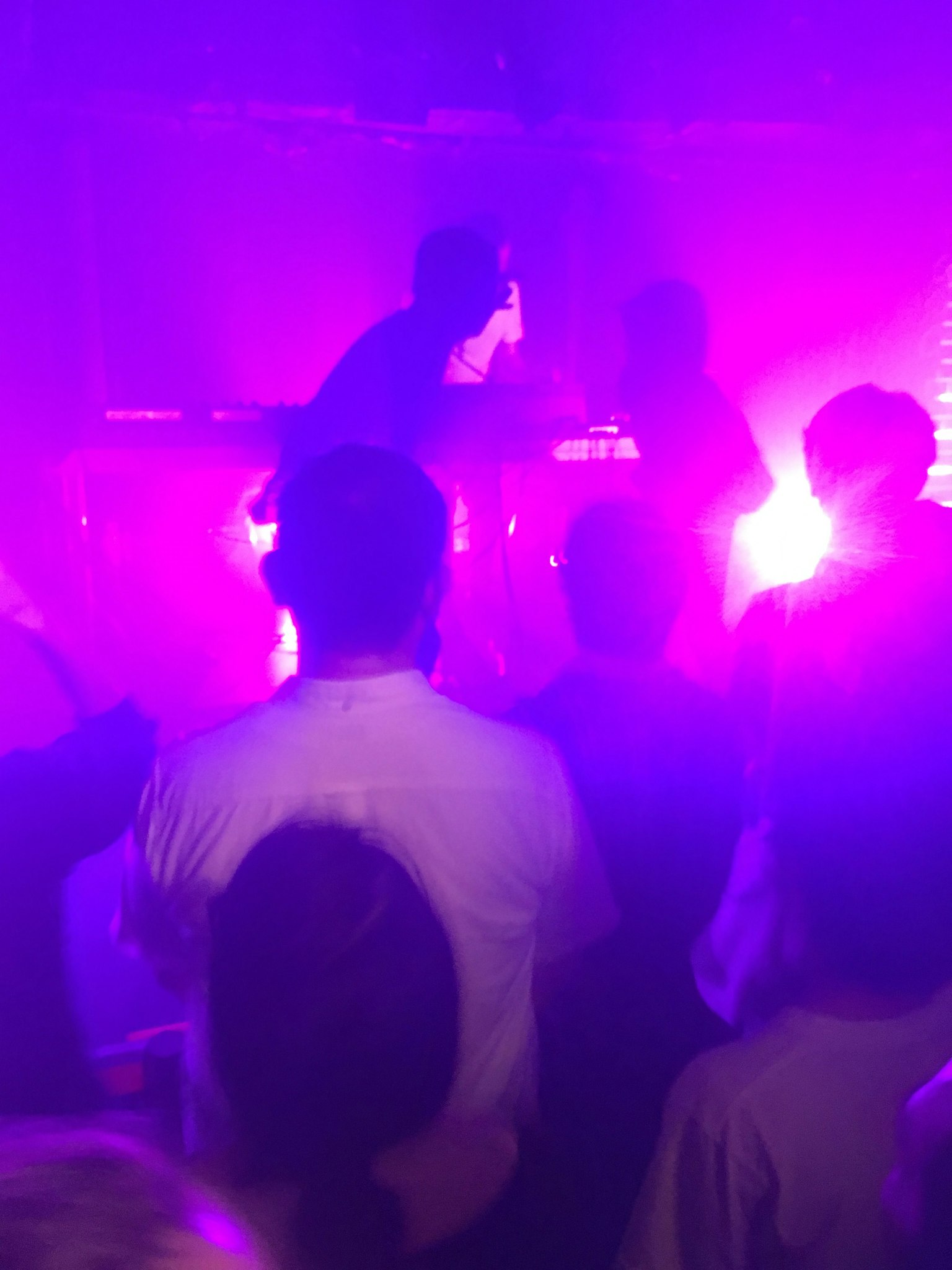Silhouettes d'artistes se produisant sous un éclairage violet avec un public engagé