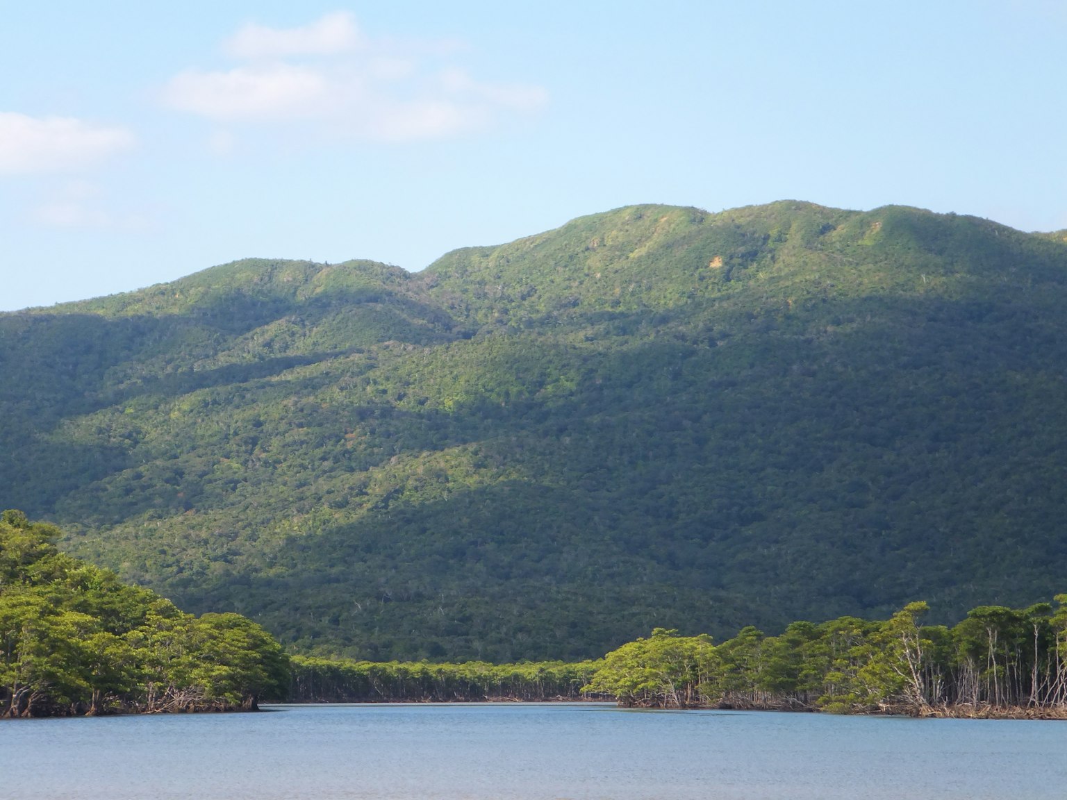 Paisaje de montañas verdes y aguas tranquilas