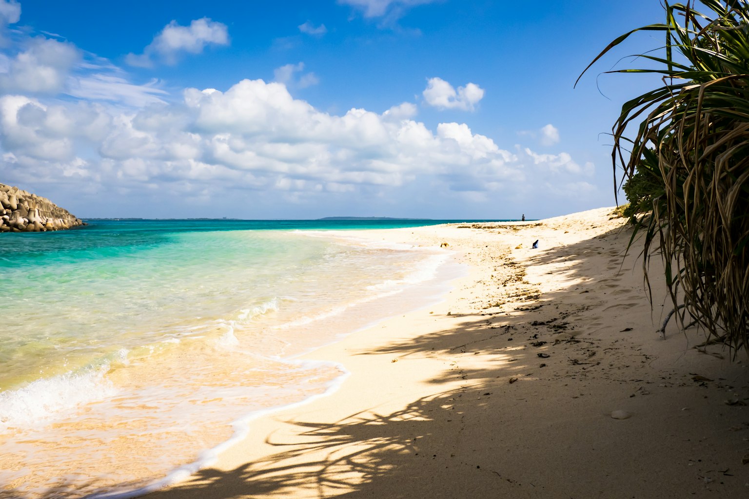 Vista panoramica di una spiaggia con acqua turchese e spiaggia sabbiosa