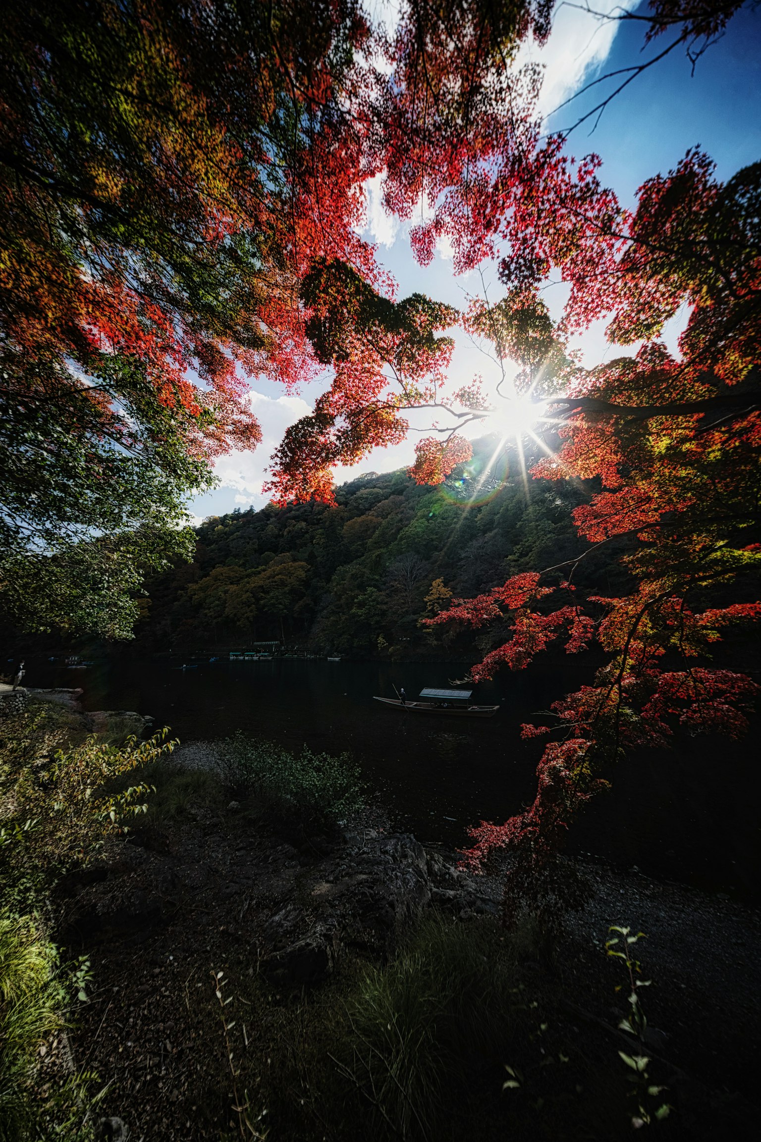 紅葉に囲まれた湖の風景と太陽の光