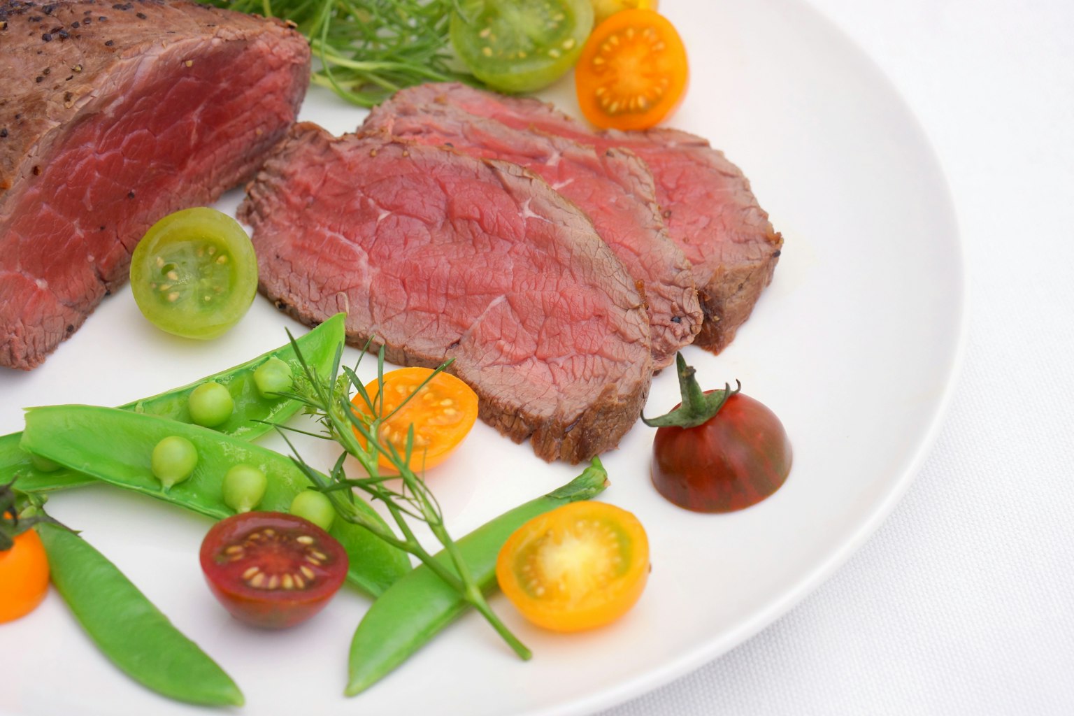 Sliced beef accompanied by fresh vegetables on a white plate