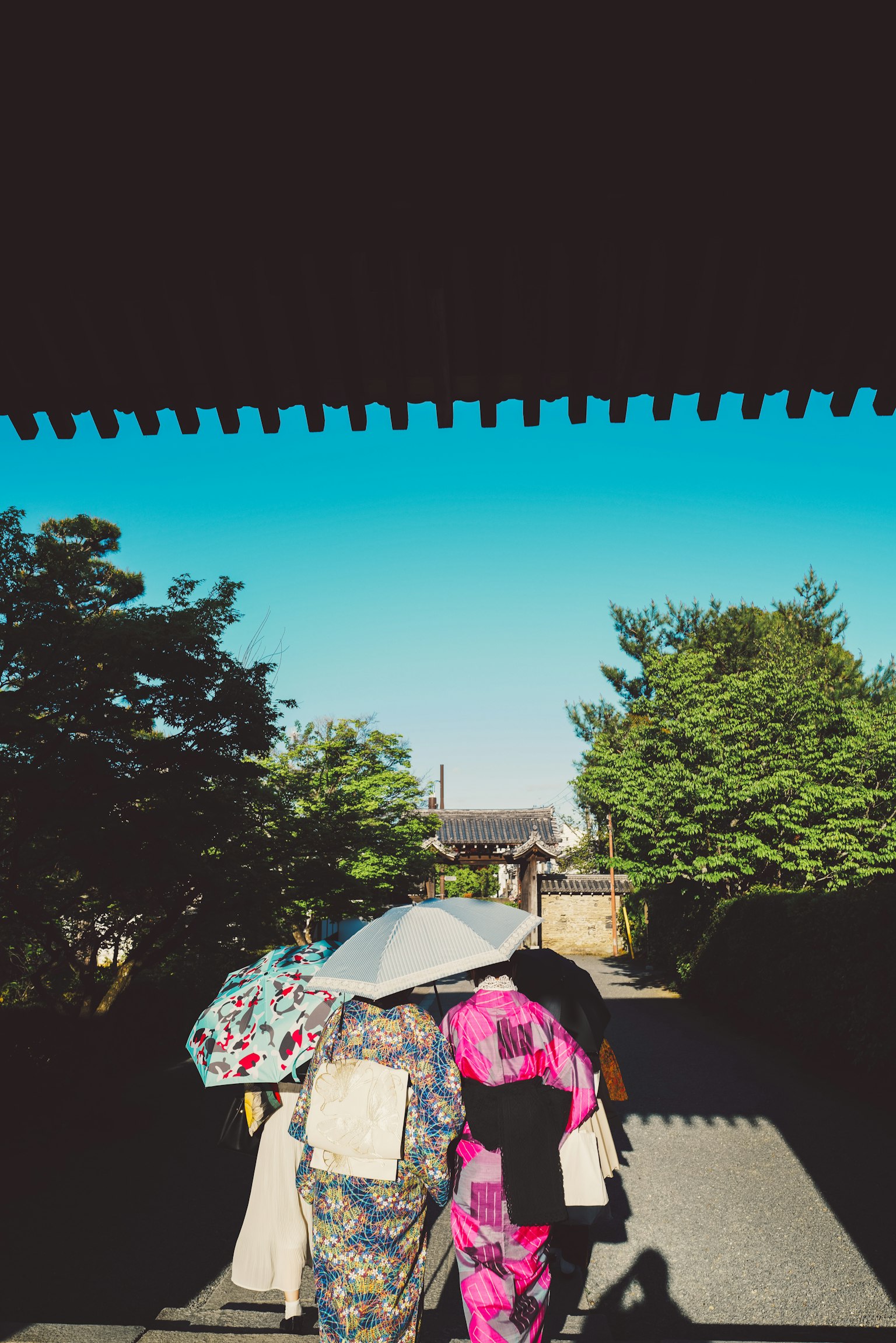 Two women in traditional kimonos walking under umbrellas in a serene outdoor setting