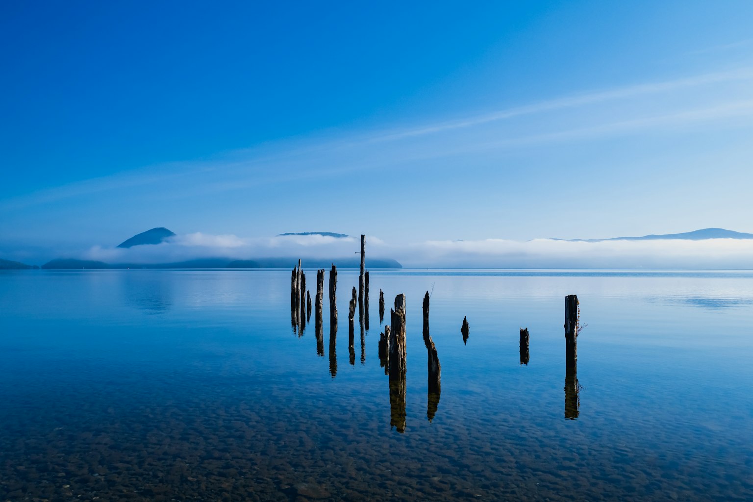 Vista panoramica di pali logori che emergono dall'acqua calma sotto un cielo blu