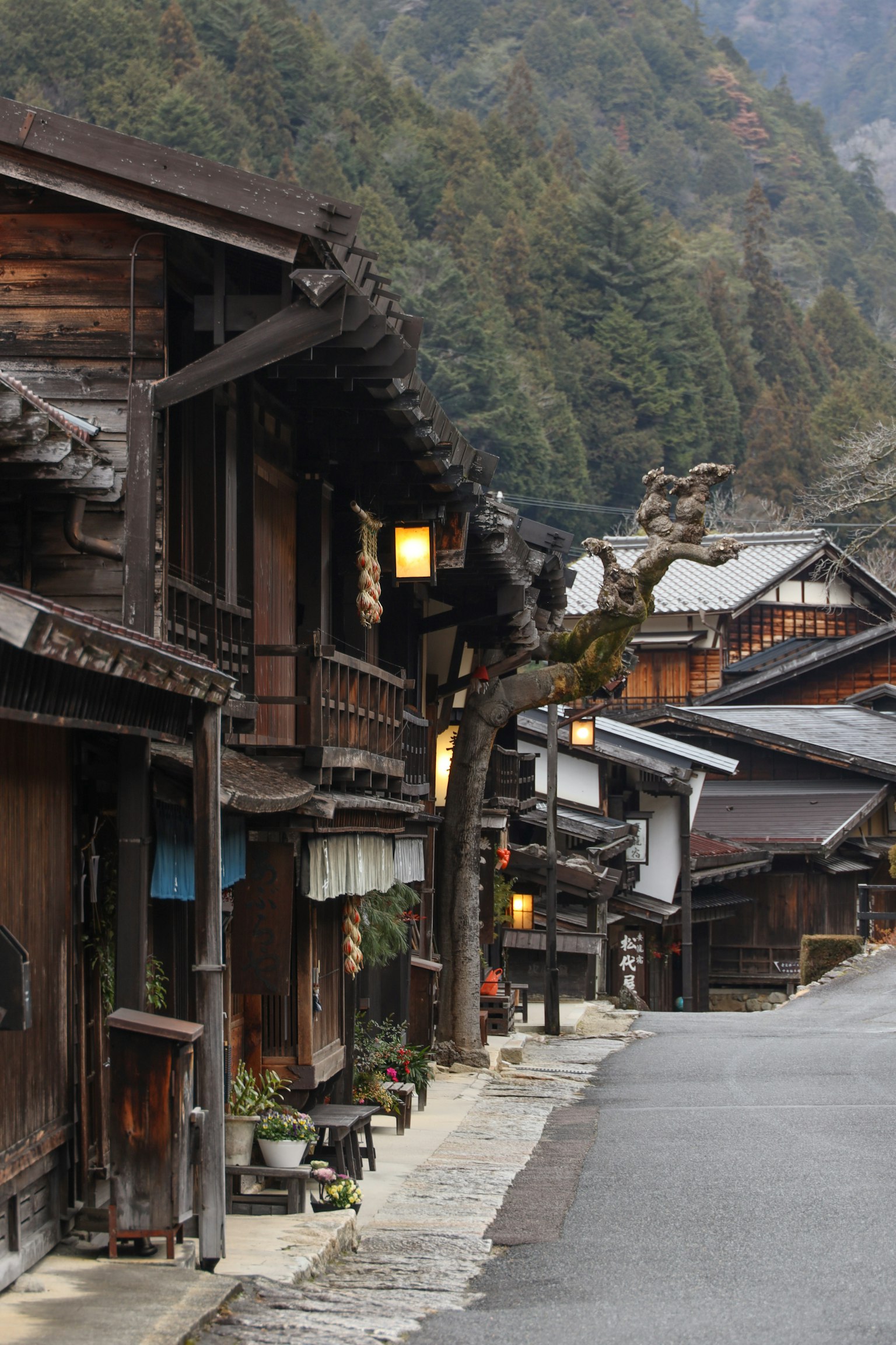 Quiet street scene with traditional wooden houses and autumn landscape
