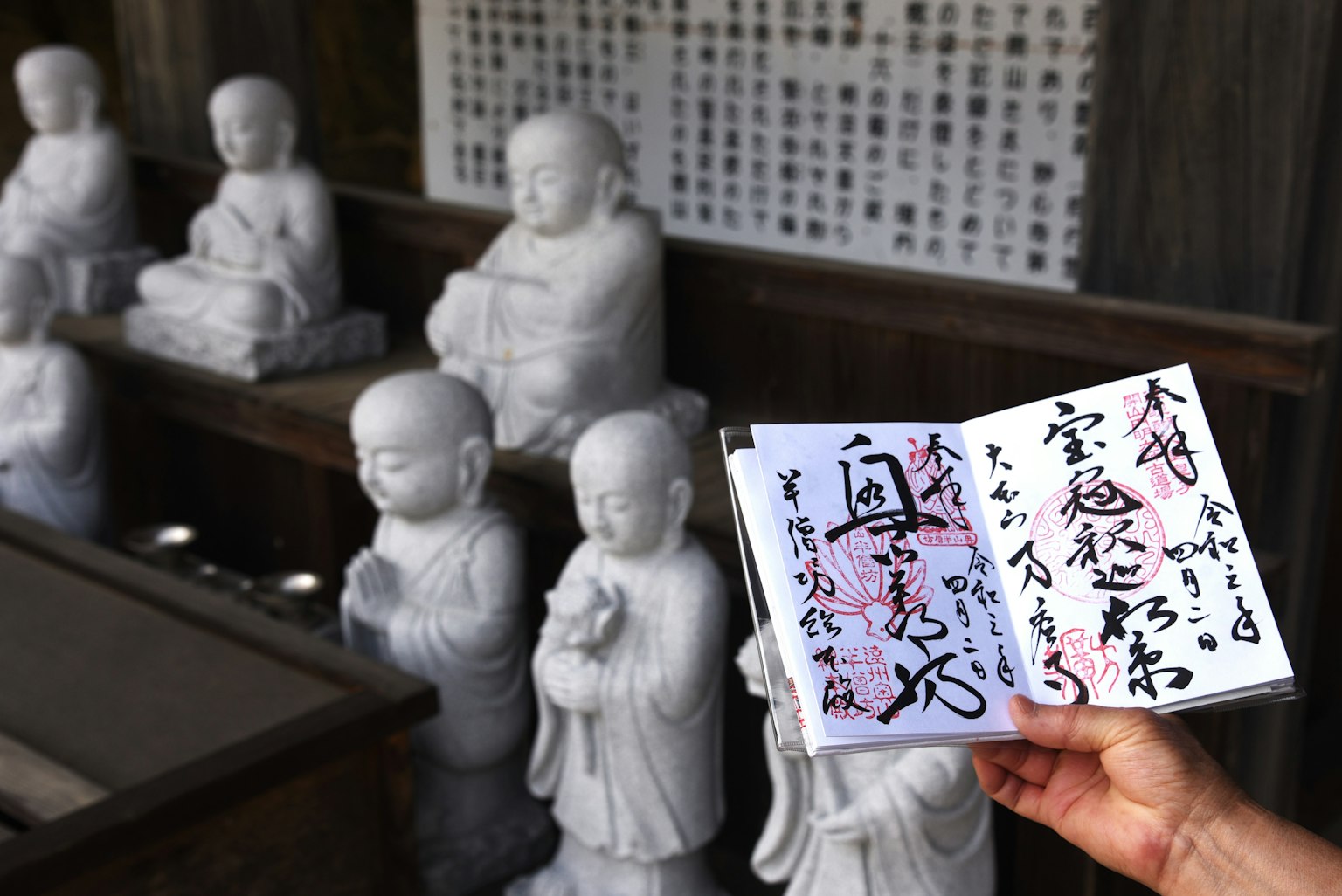 Image of white statues and a handwritten book being held