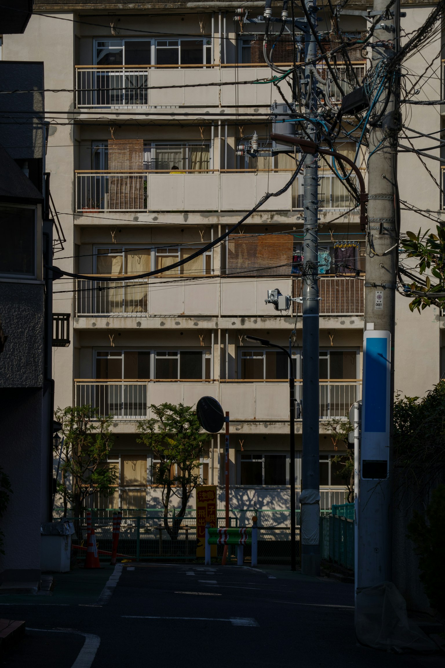 Facciata di un edificio con pali elettrici e piante circostanti