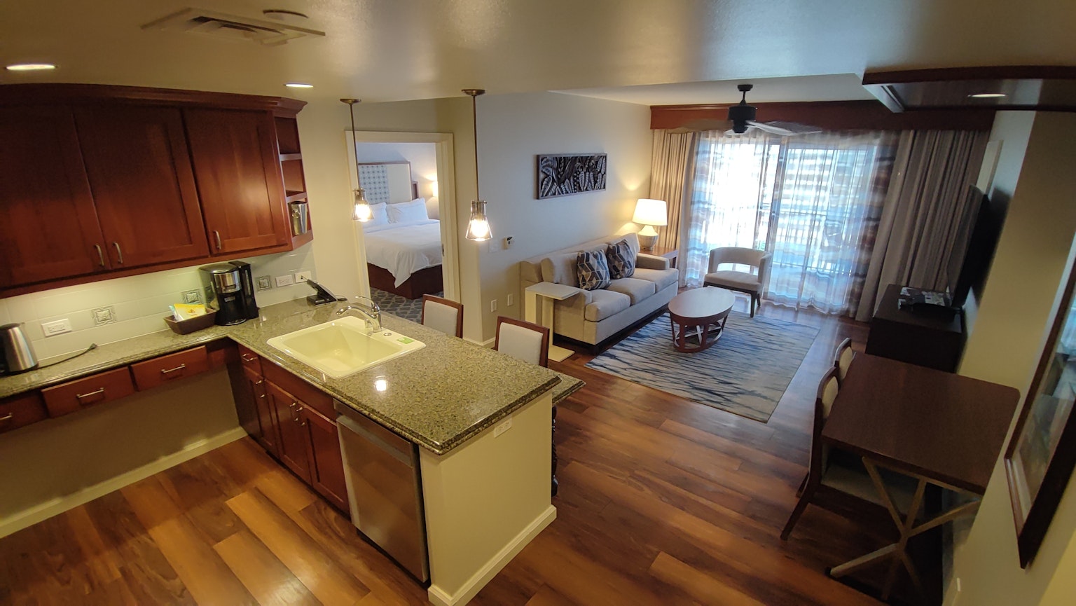 Bright interior of a living room and kitchen area combined