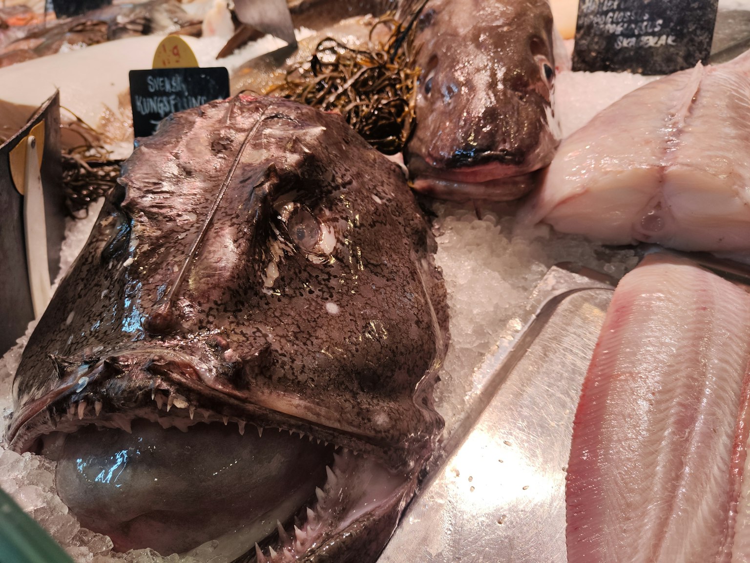 Kepala ikan besar dan fillet dipajang di atas es di pasar