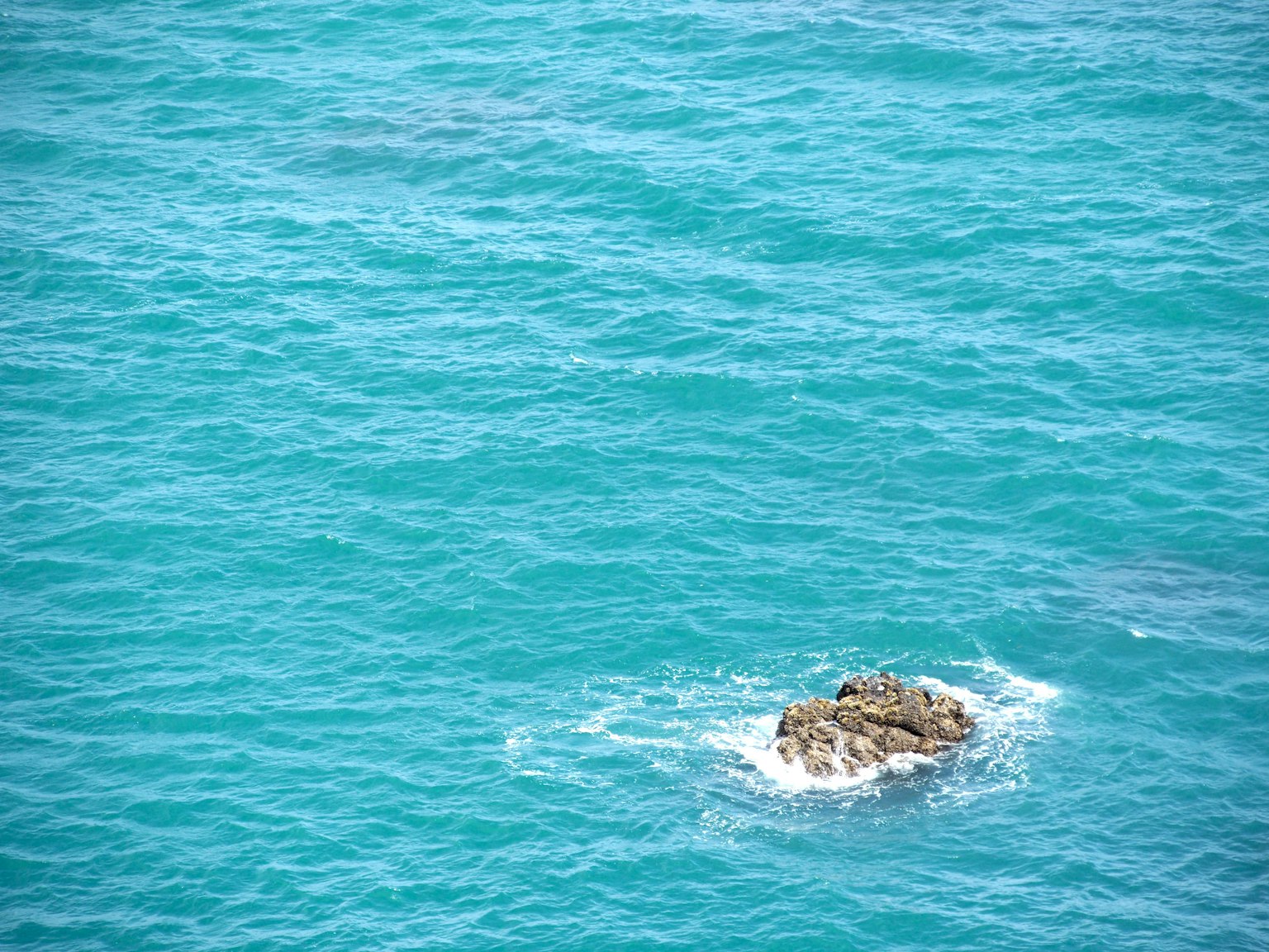一块小岩石漂浮在碧绿色的海洋中