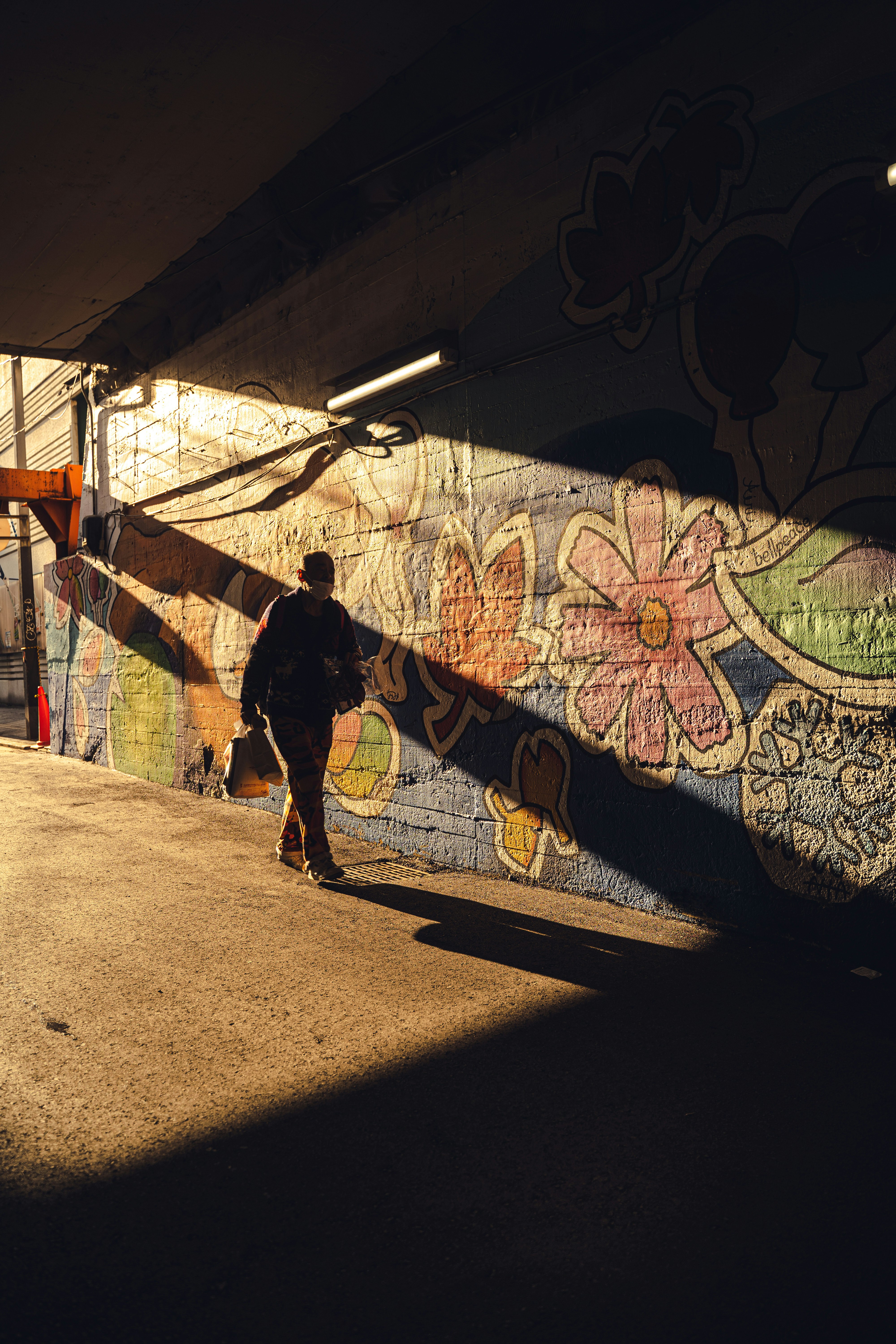 bức tường graffiti trong con hẻm với ánh sáng và bóng đổ