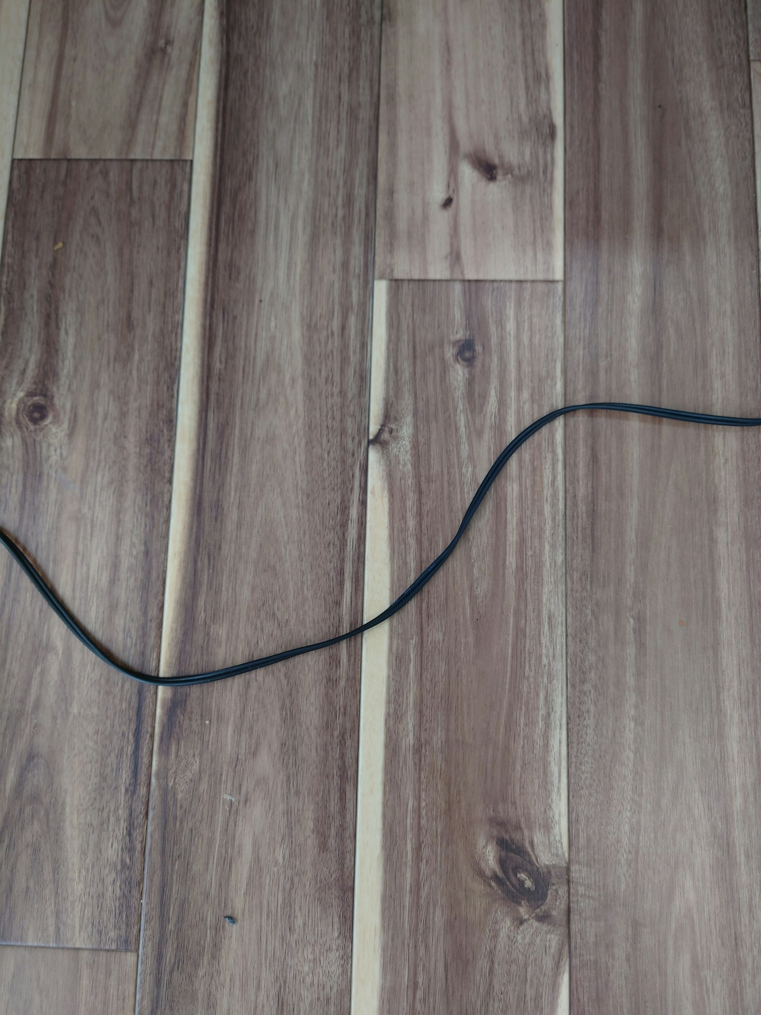 Black cord lying on wood grain flooring