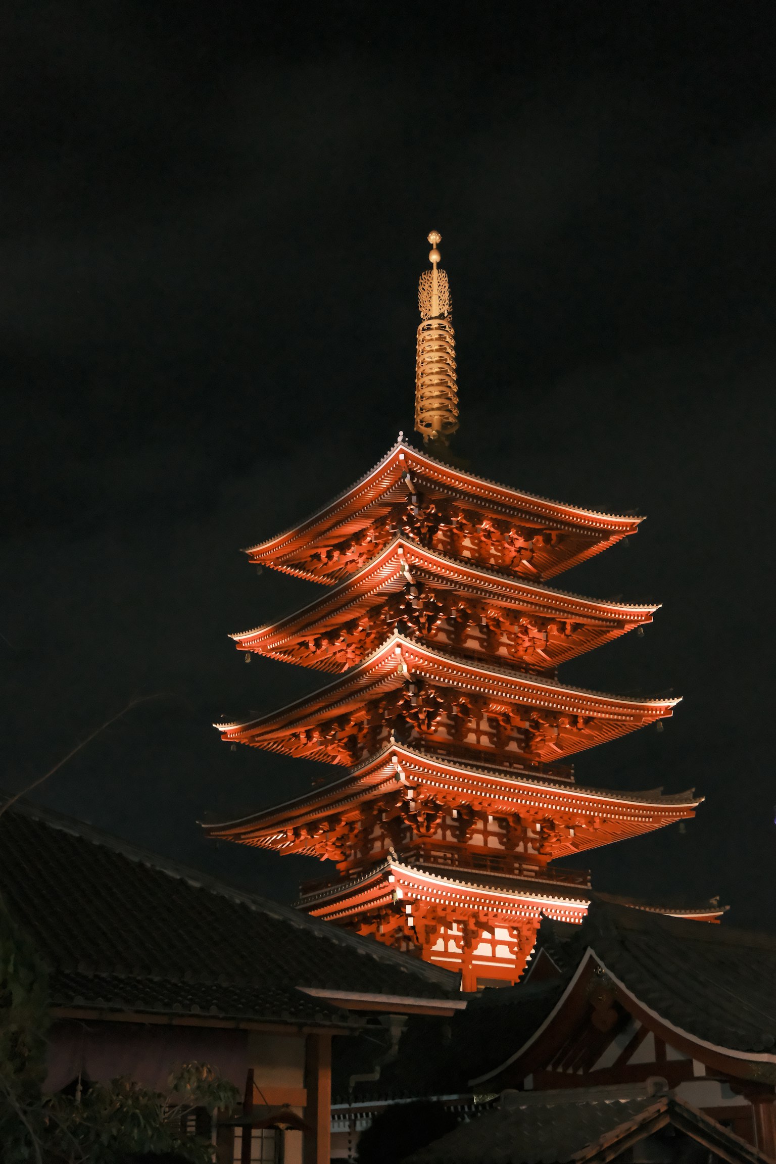 Beautiful architecture of a pagoda illuminated at night