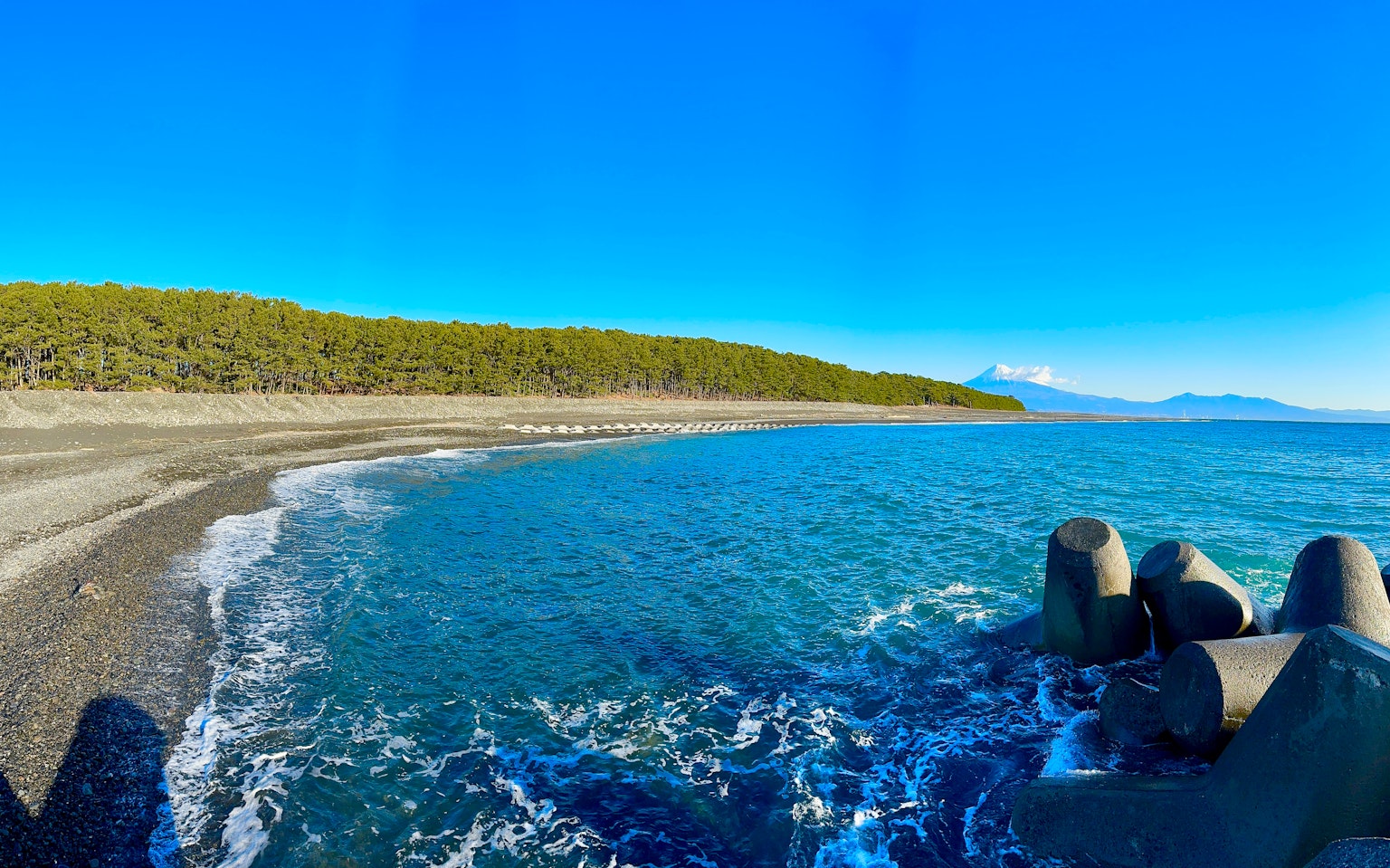 Pemandangan laut biru dan pantai pasir dengan pohon hijau di latar belakang