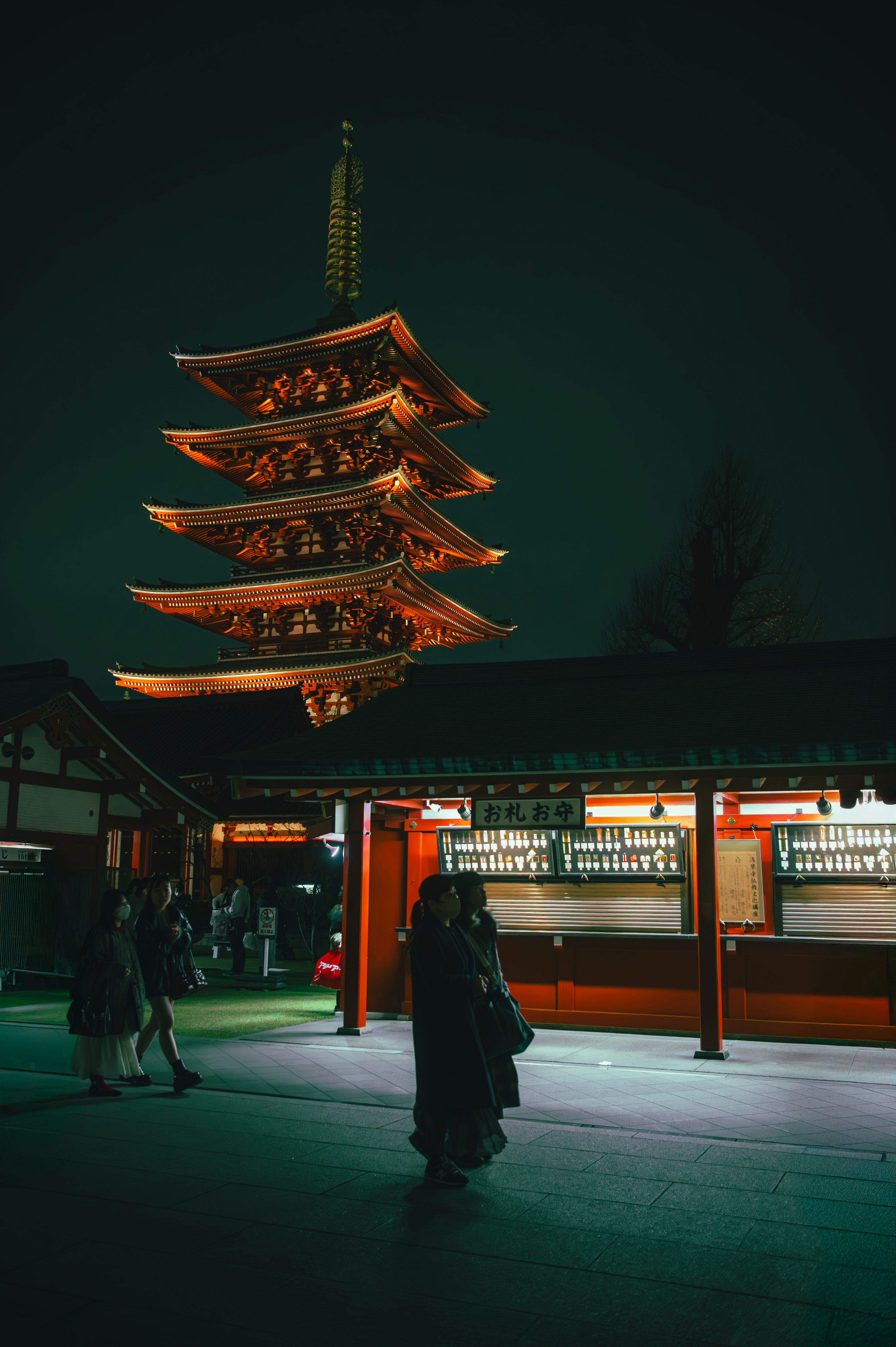 夜の浅草寺の五重塔と参道の灯り