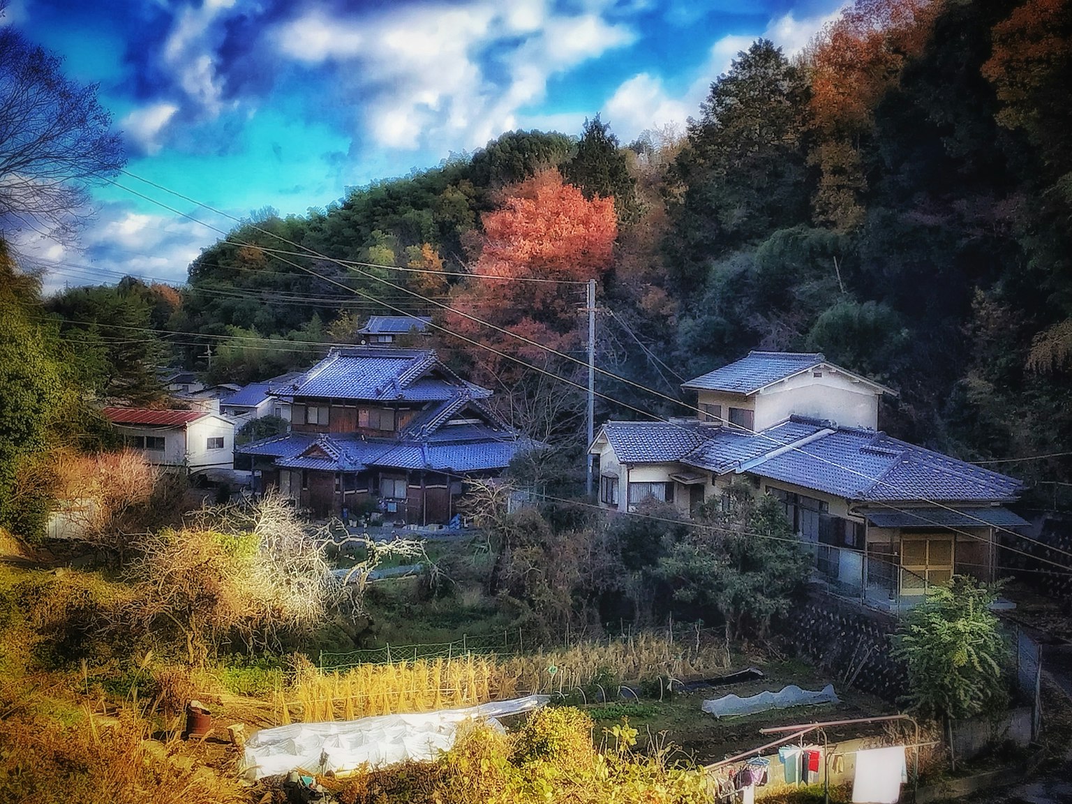 Una vista panoramica di un tranquillo villaggio circondato da foglie autunnali