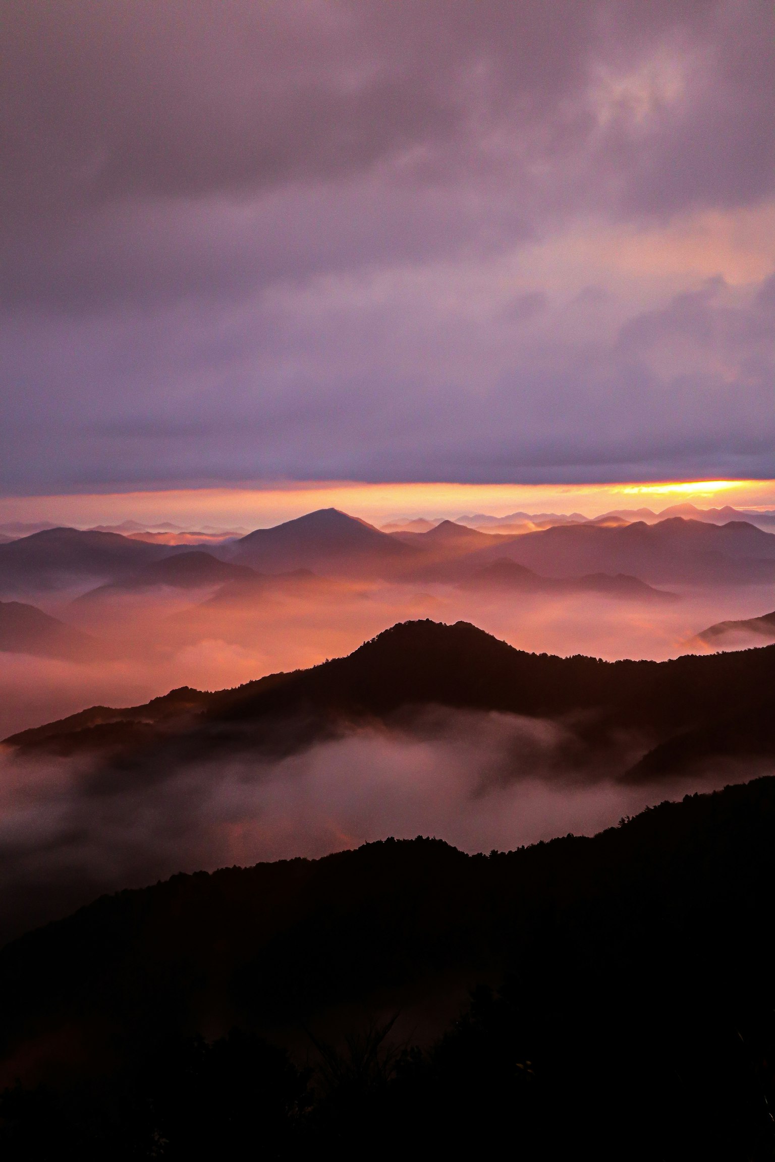 ภูมิทัศน์ภูเขาที่ปกคลุมด้วยเมฆสีม่วงและหมอก漂流