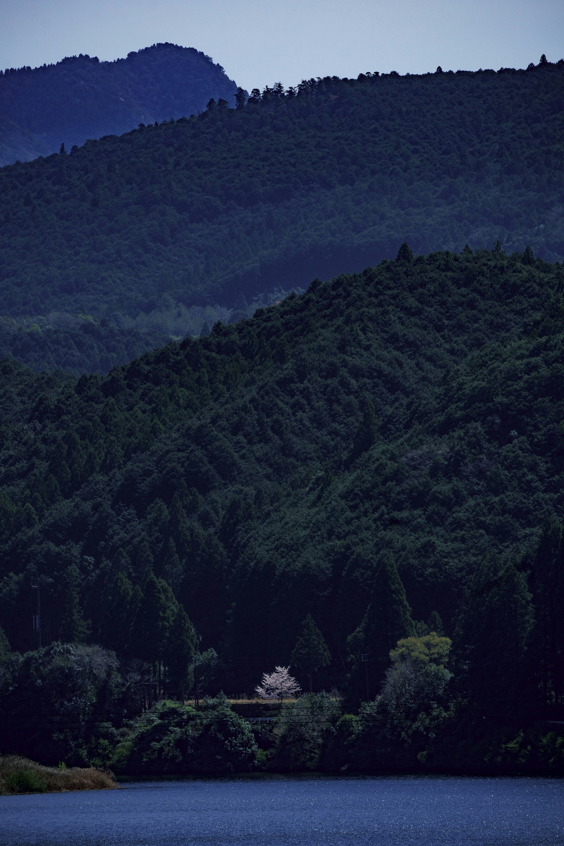 湖畔に広がる山並みのシルエット