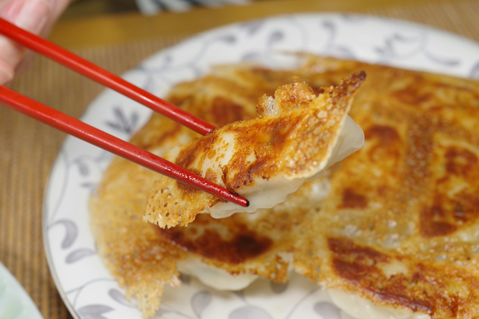 Un piatto di ravioli fritti tenuto con bacchette rosse