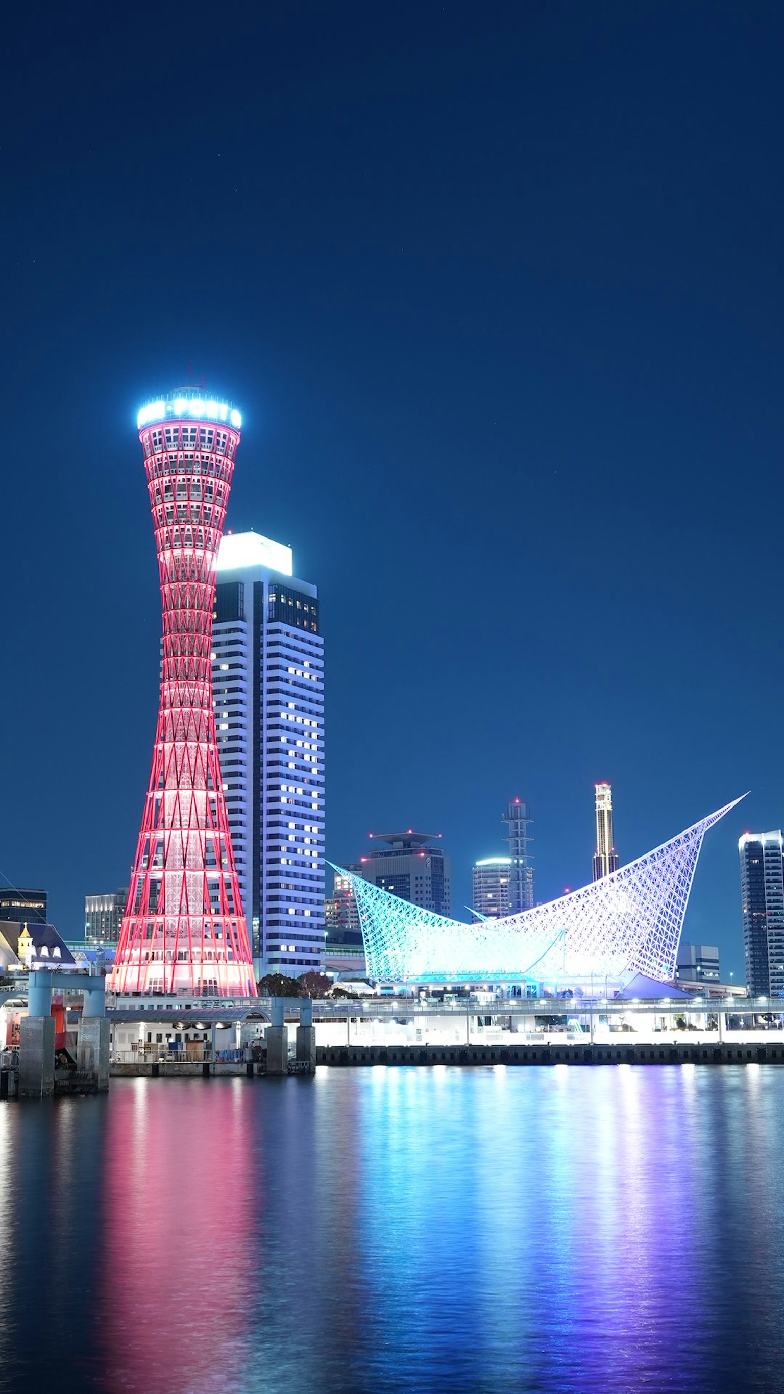 Vista notturna di Kobe con la Torre del Porto illuminata e gli edifici moderni di Harborland