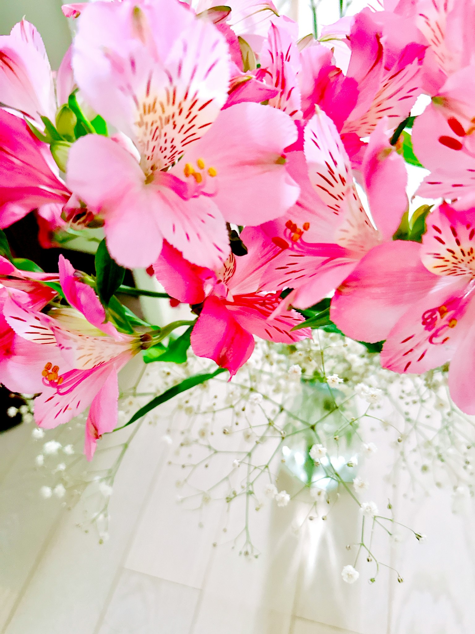 Bouquet di fiori di alstroemeria rosa con respiro del bambino