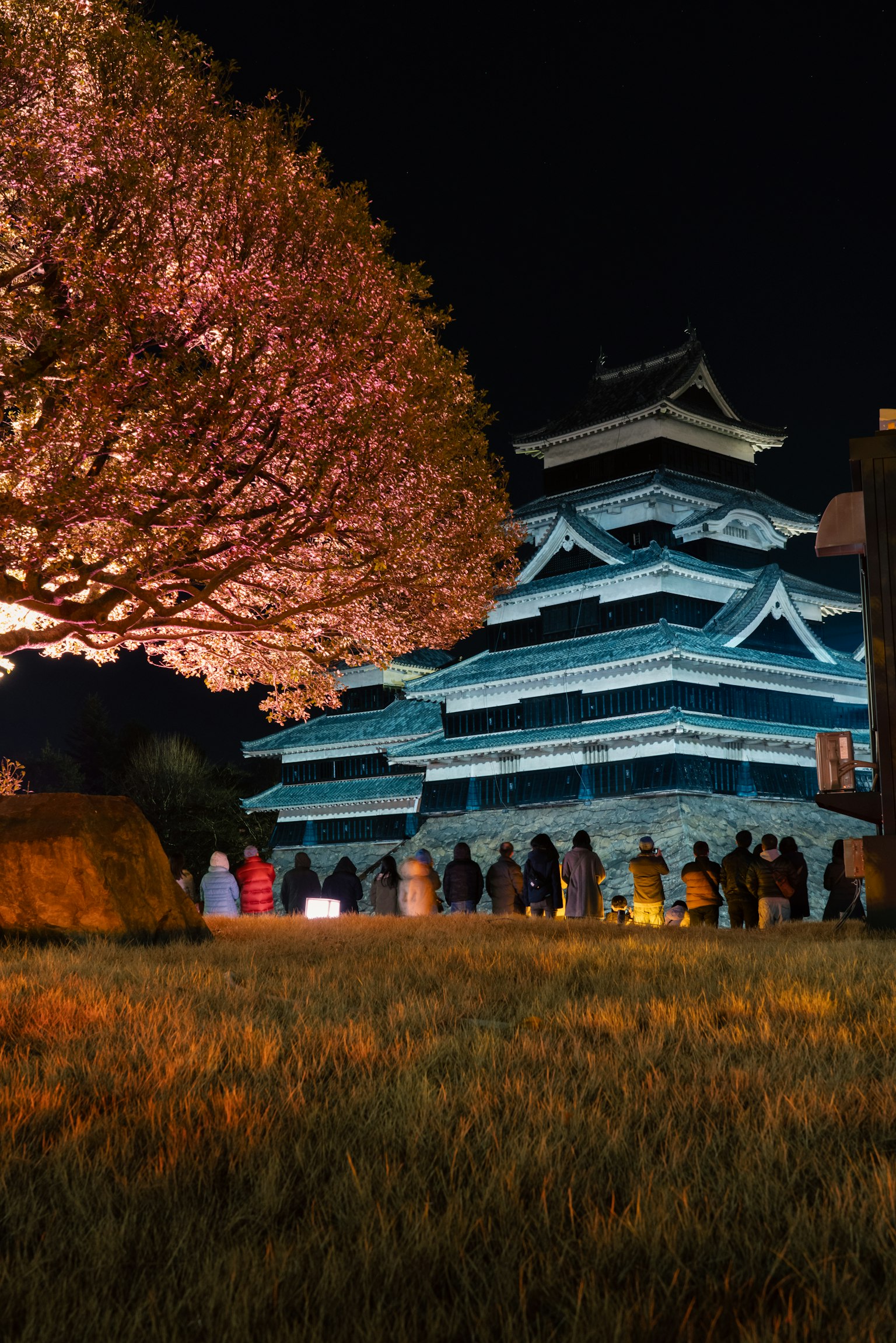 Kastil Matsumoto yang diterangi di malam hari dengan bunga sakura dan siluet pengunjung