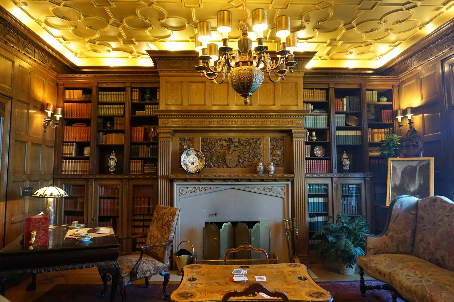 Intérieur d'un salon luxueux avec des étagères en bois et une cheminée