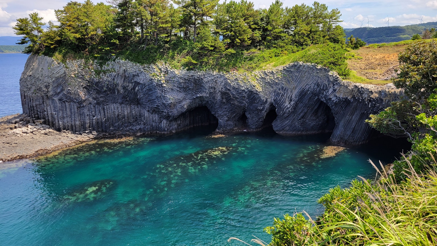 Scène côtière avec de l'eau bleue et des arbres verts entourant des formations rocheuses